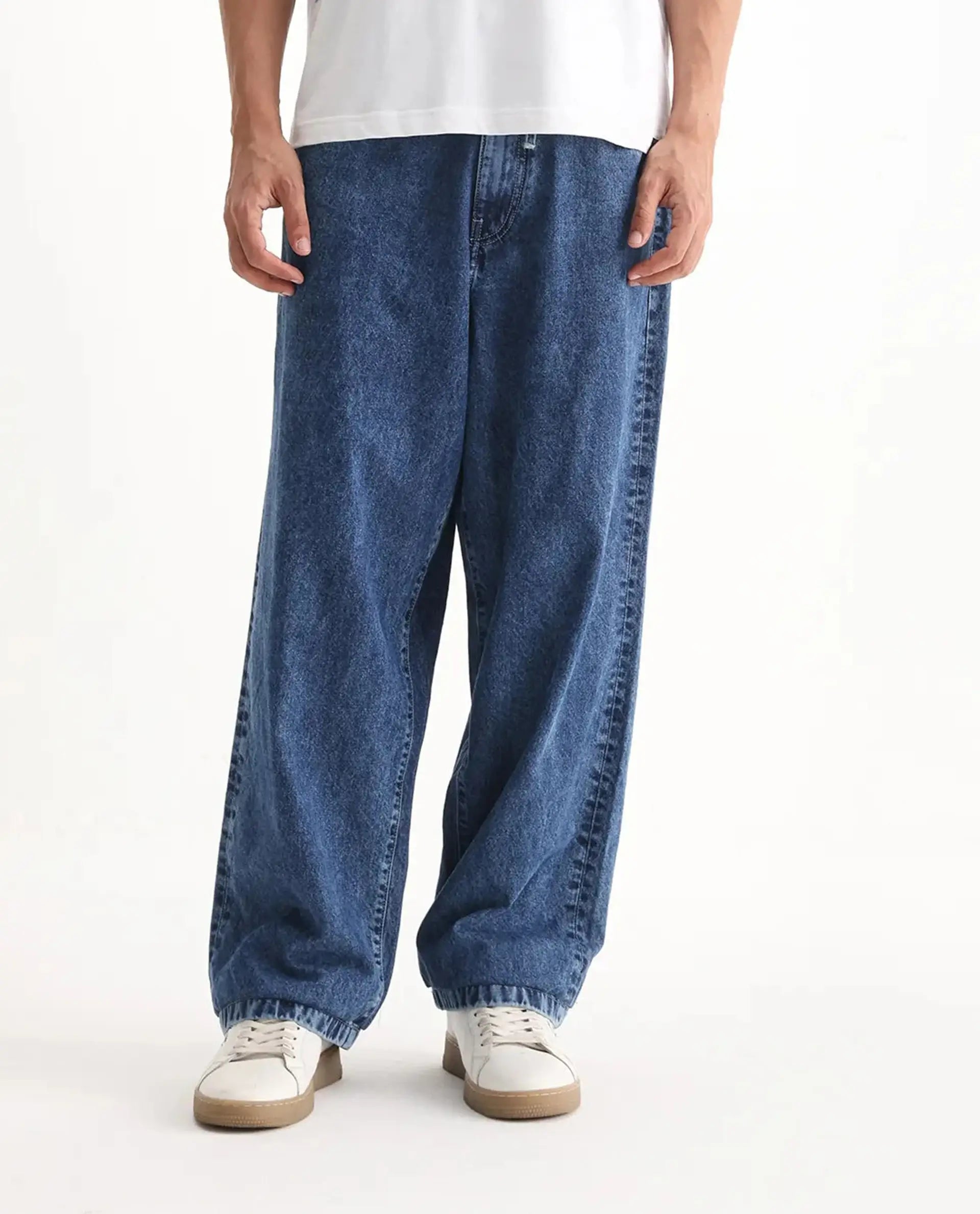 Rare Rabbit Men's Otto Light Blue Cotton Plain Baggy Fit Jeans