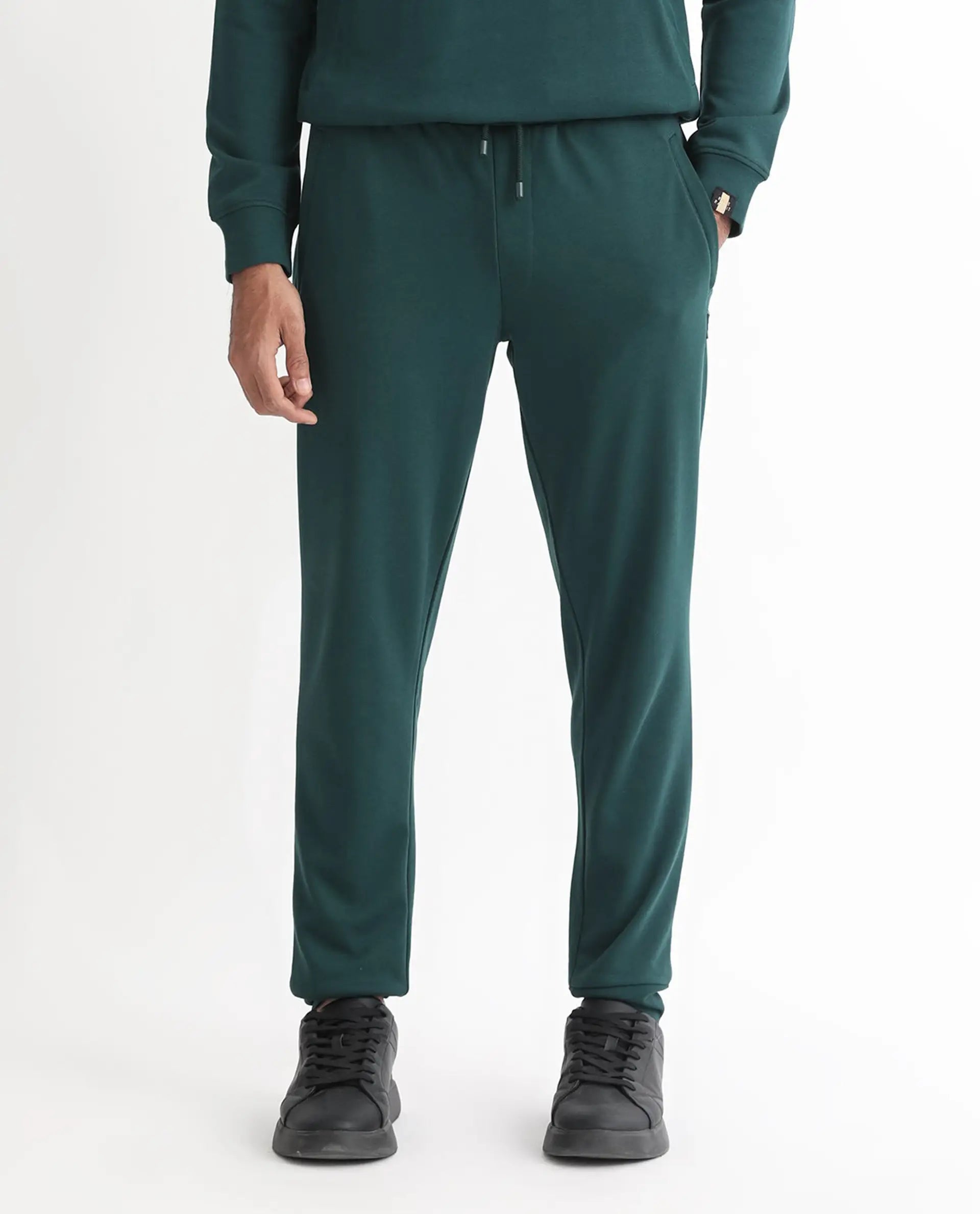 Rare Rabbit Men's Oza Dark Green Cotton Plain Regular Fit Jogers