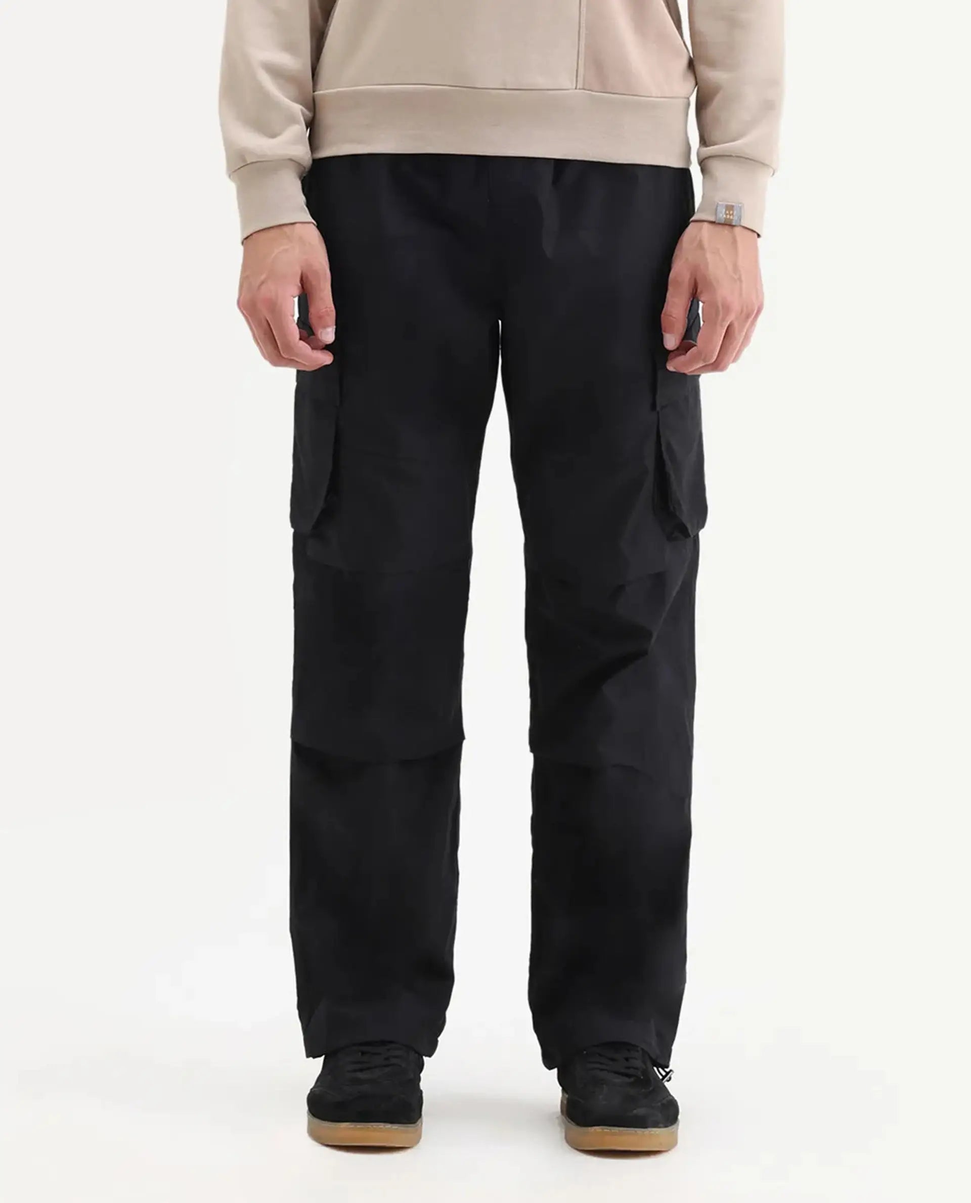 Rare Rabbit Men's Parc Black Cotton Plain Regular Fit Trouser