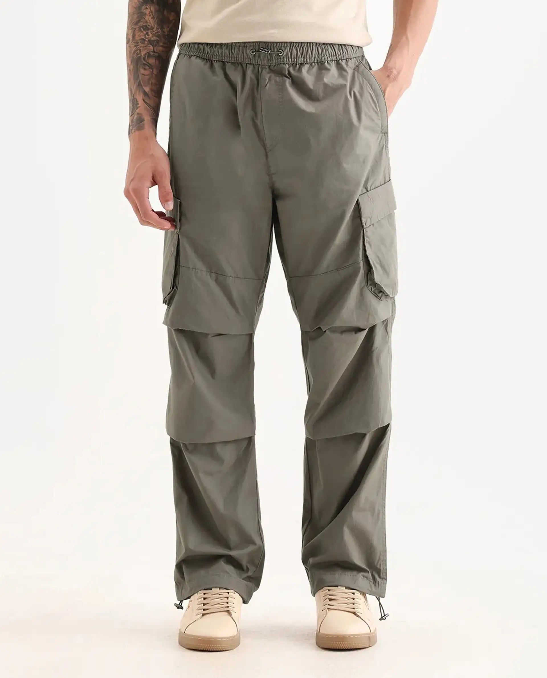 Rare Rabbit Men's Parc Dusky Olive Cotton Plain Regular Fit Trouser
