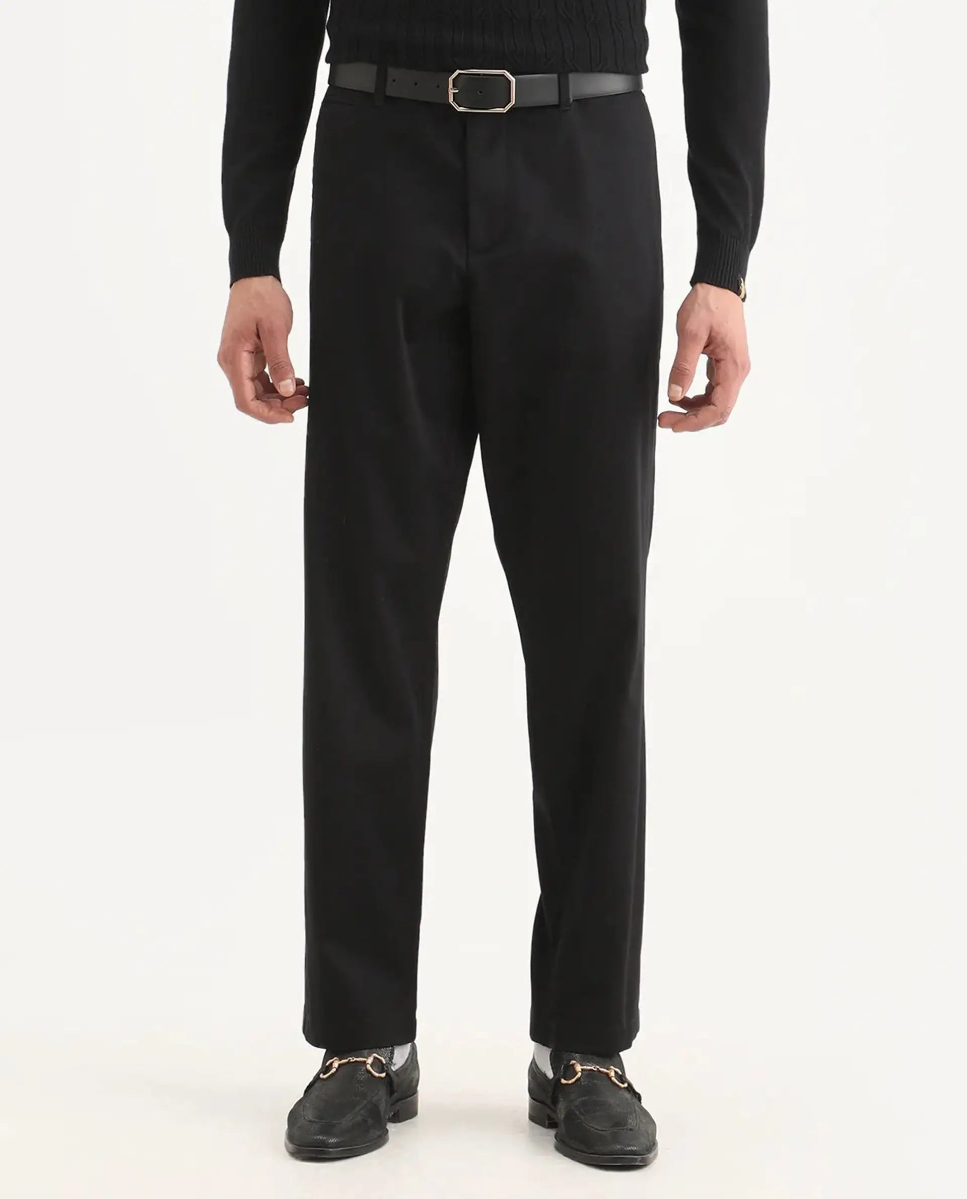 Rare Rabbit Men's Parga Black Cotton Blend Fabric Regular Fit Plain Trouser