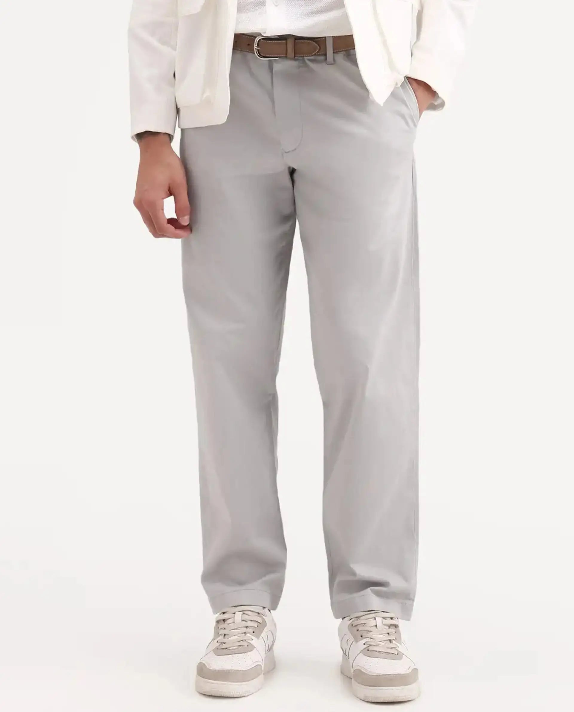 Rare Rabbit Men's Parga Light Grey Cotton Blend Fabric Regular Fit Plain Trouser