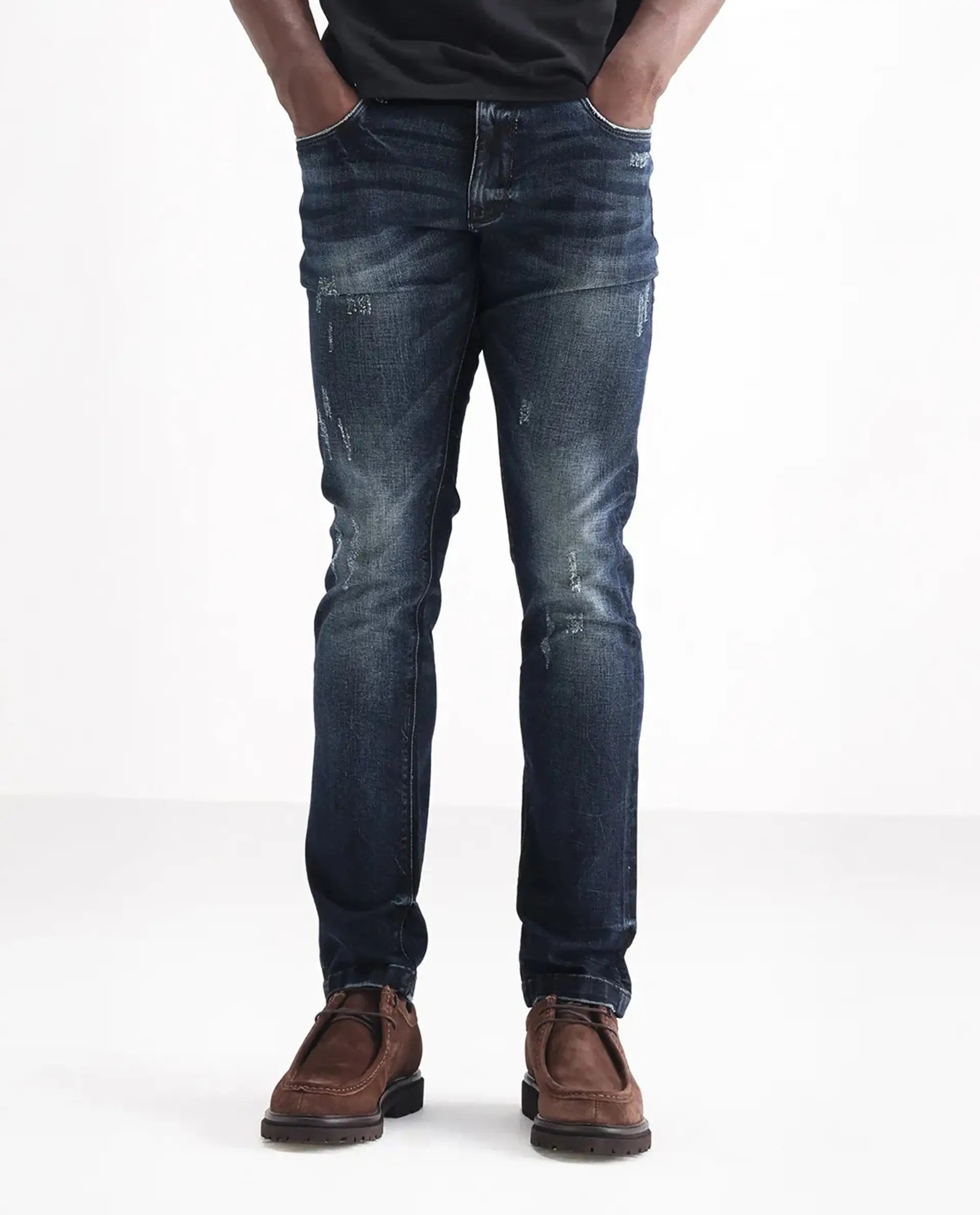 Rare Rabbit Men's Parle Navy Cotton Plain Hawk Slim Fit Jeans