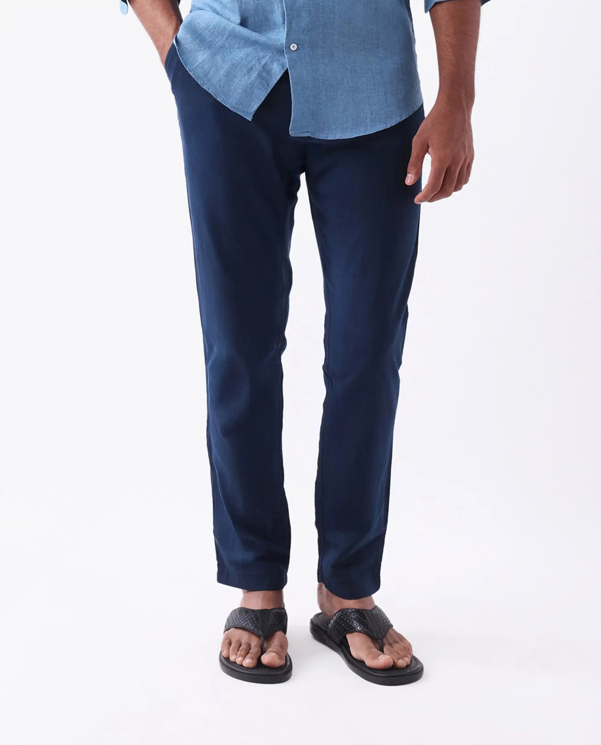 Rare Rabbit Men's Pastor-25 Navy Cotton Plain Regular Fit Trouser