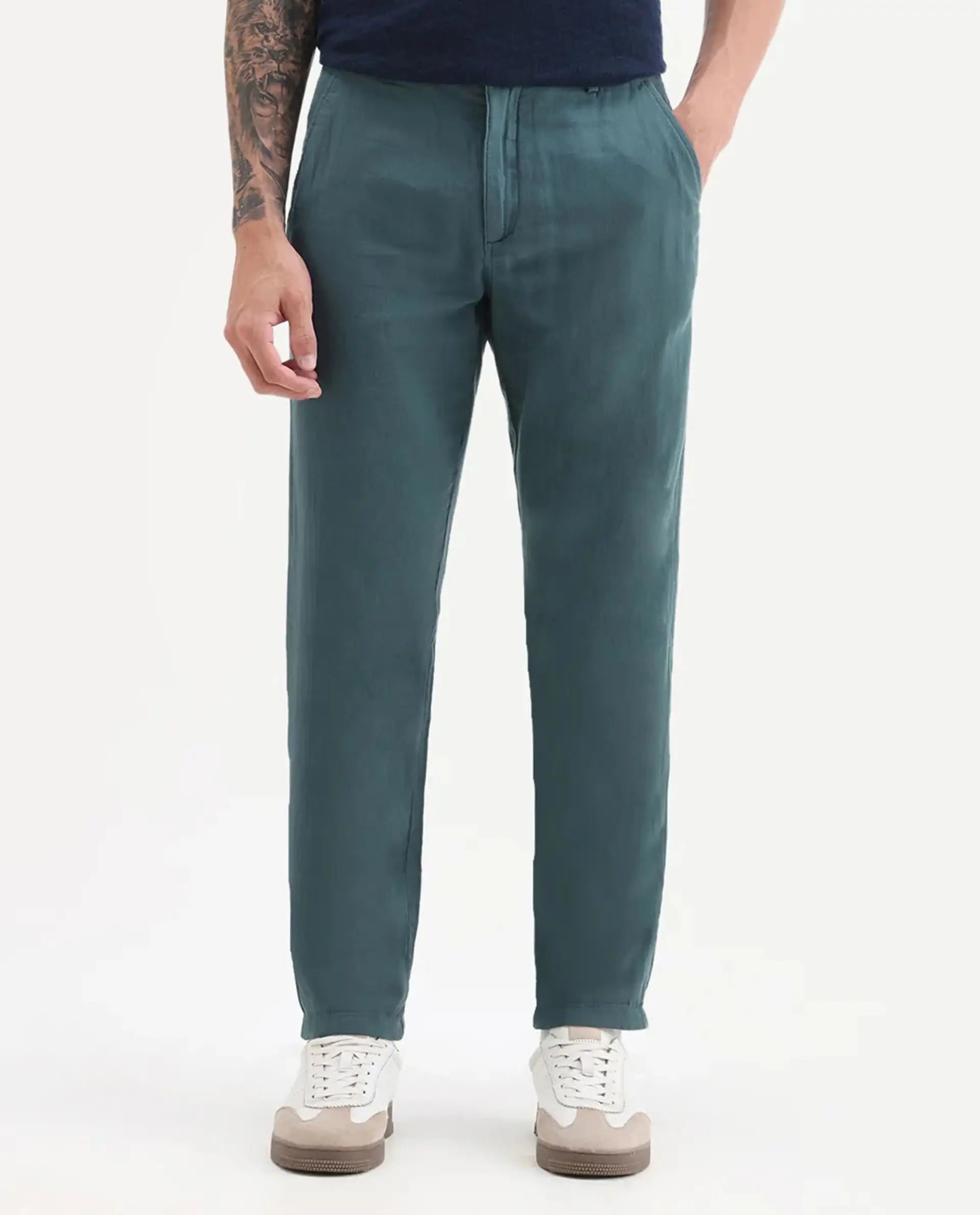 Rare Rabbit Men's Pastor 25 Teal Cotton Plain Regular Fit Trouser