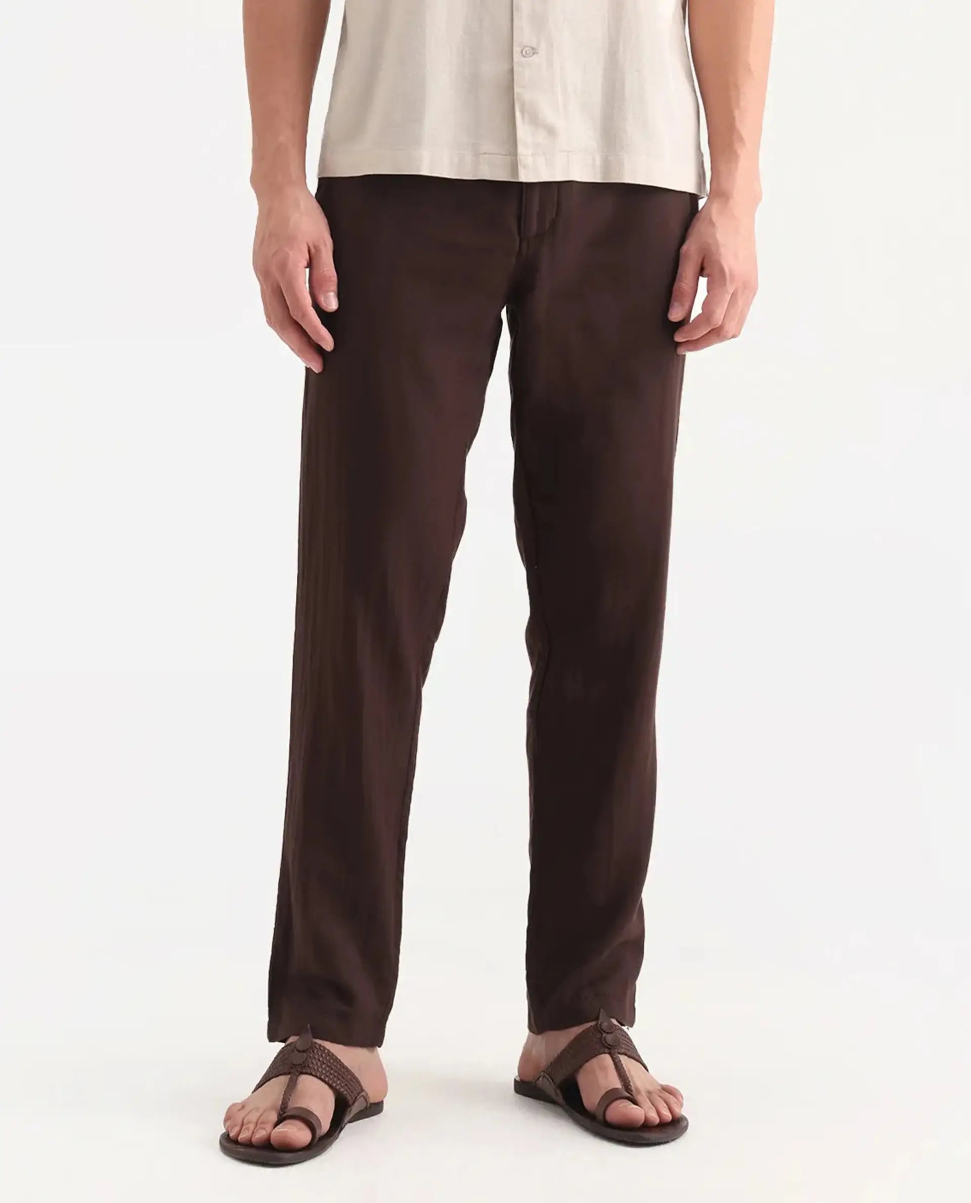 Rare Rabbit Men's Pastor-Aw25 Dark Brown Cotton Plain Regular Fit Trouser