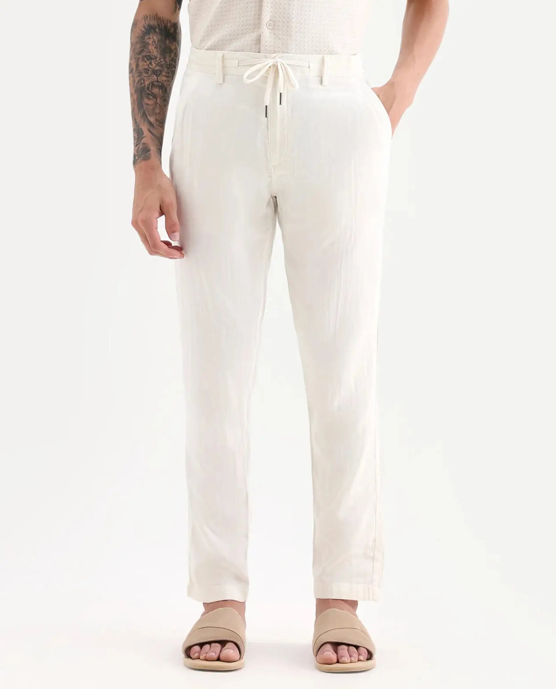 Rare Rabbit Men's Pastor-Aw25 Off White Cotton Plain Regular Fit Trouser