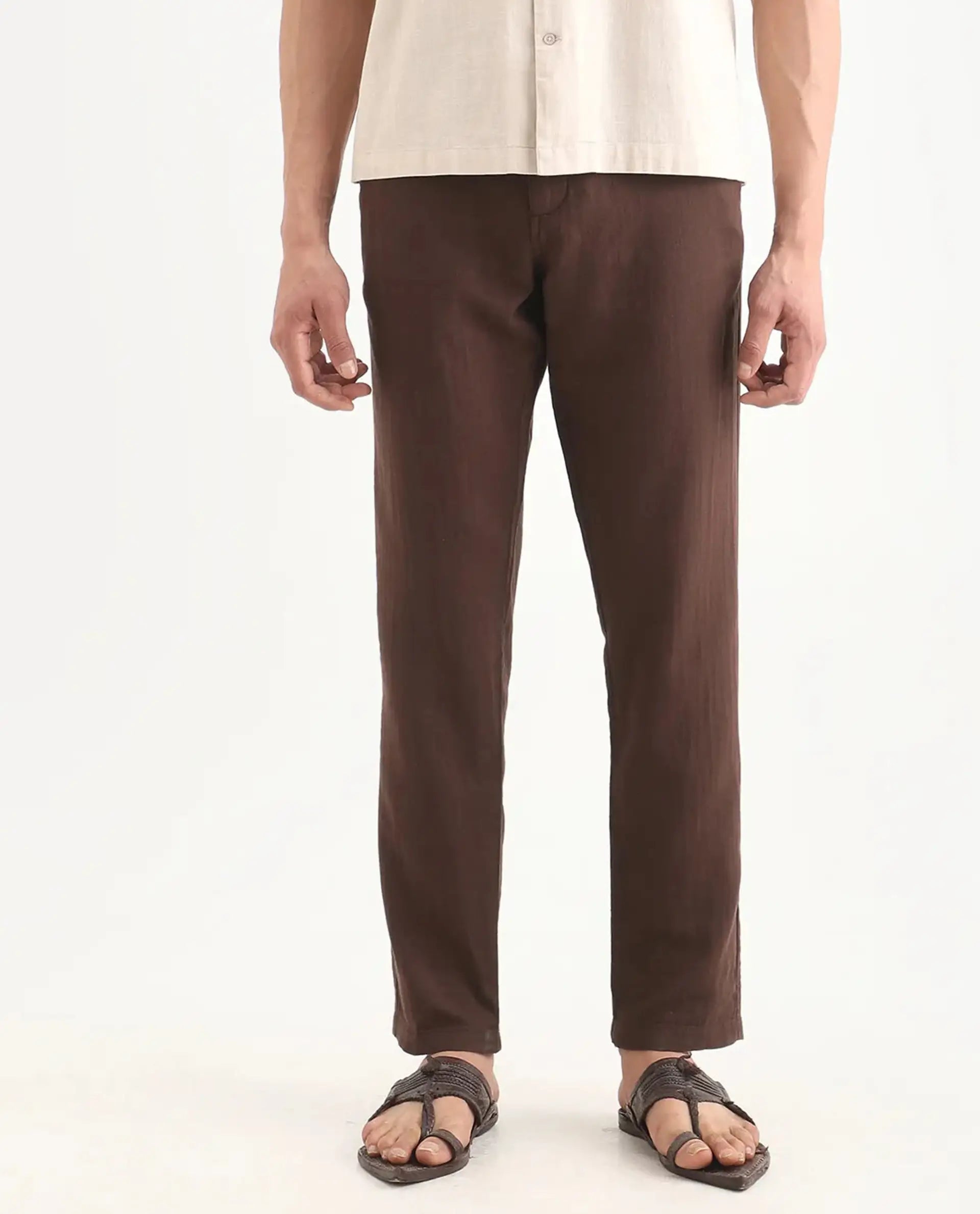 Rare Rabbit Men's Pastor-Ss26 Brown Cotton Fabric Regular Fit Drawstring Plain Trouser