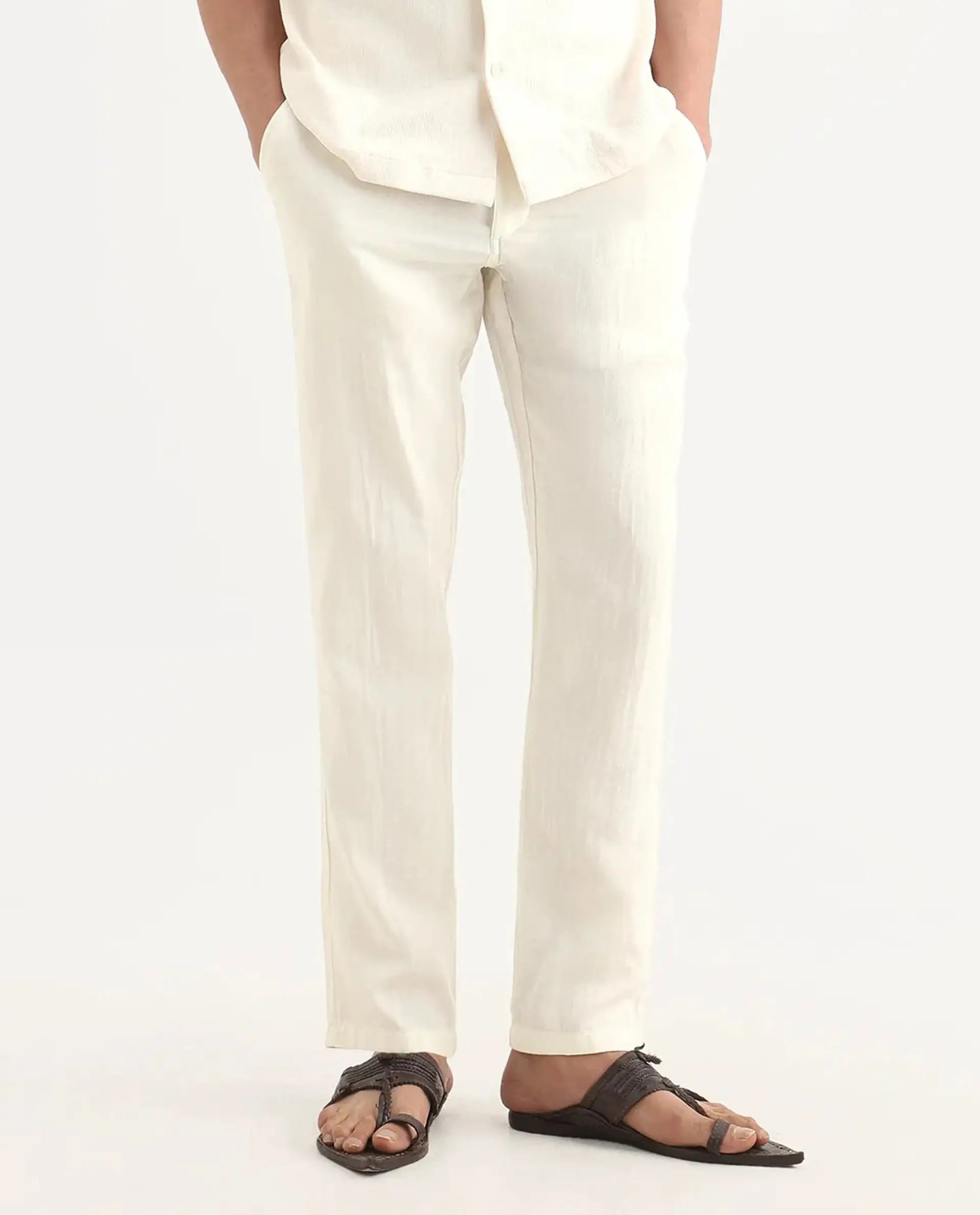 Rare Rabbit Men's Pastor-Ss26 Off White Cotton Fabric Regular Fit Drawstring Plain Trouser