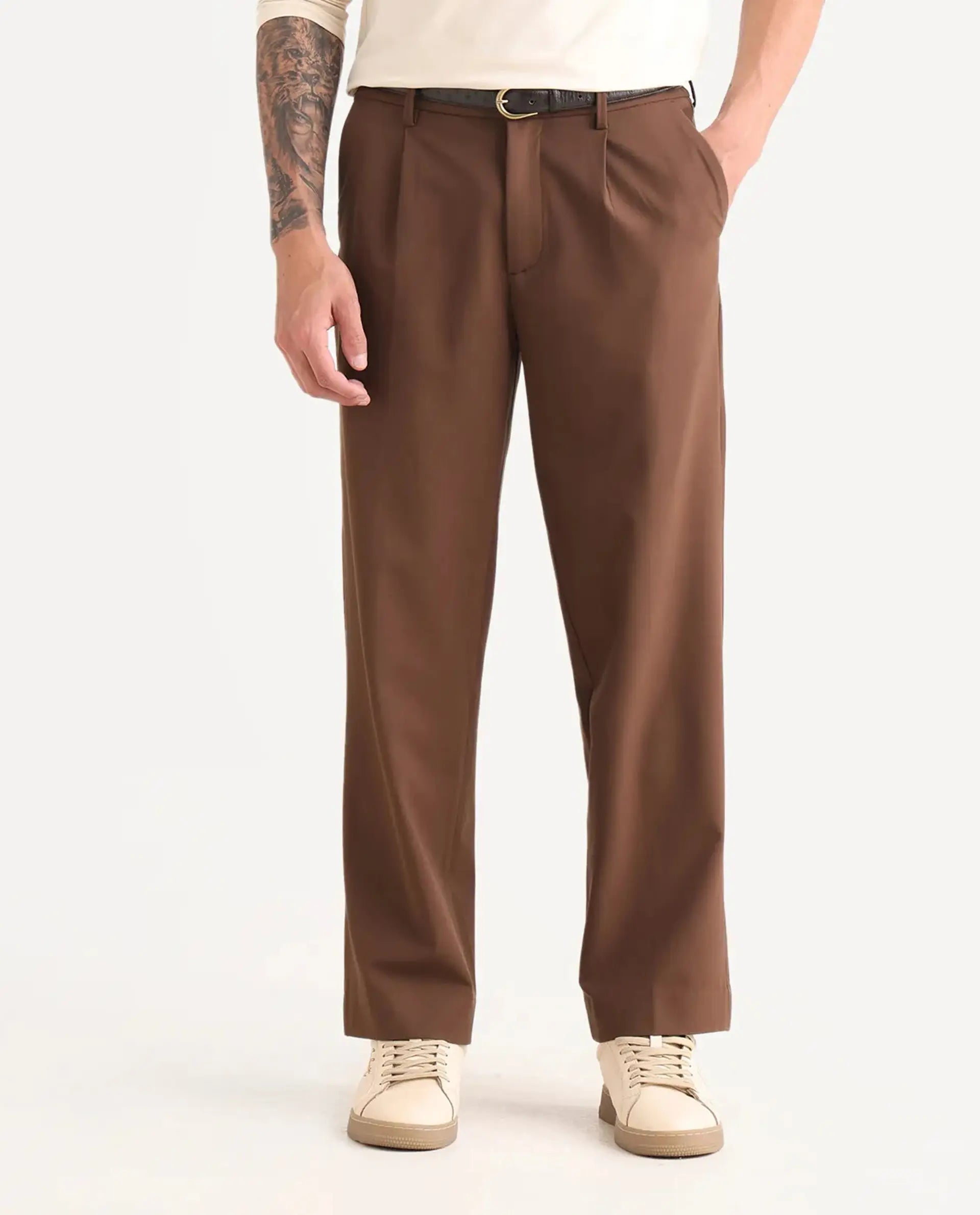 Rare Rabbit Men Pauls Brown Polyester Blend Fabric Button Closure Plain Trouser
