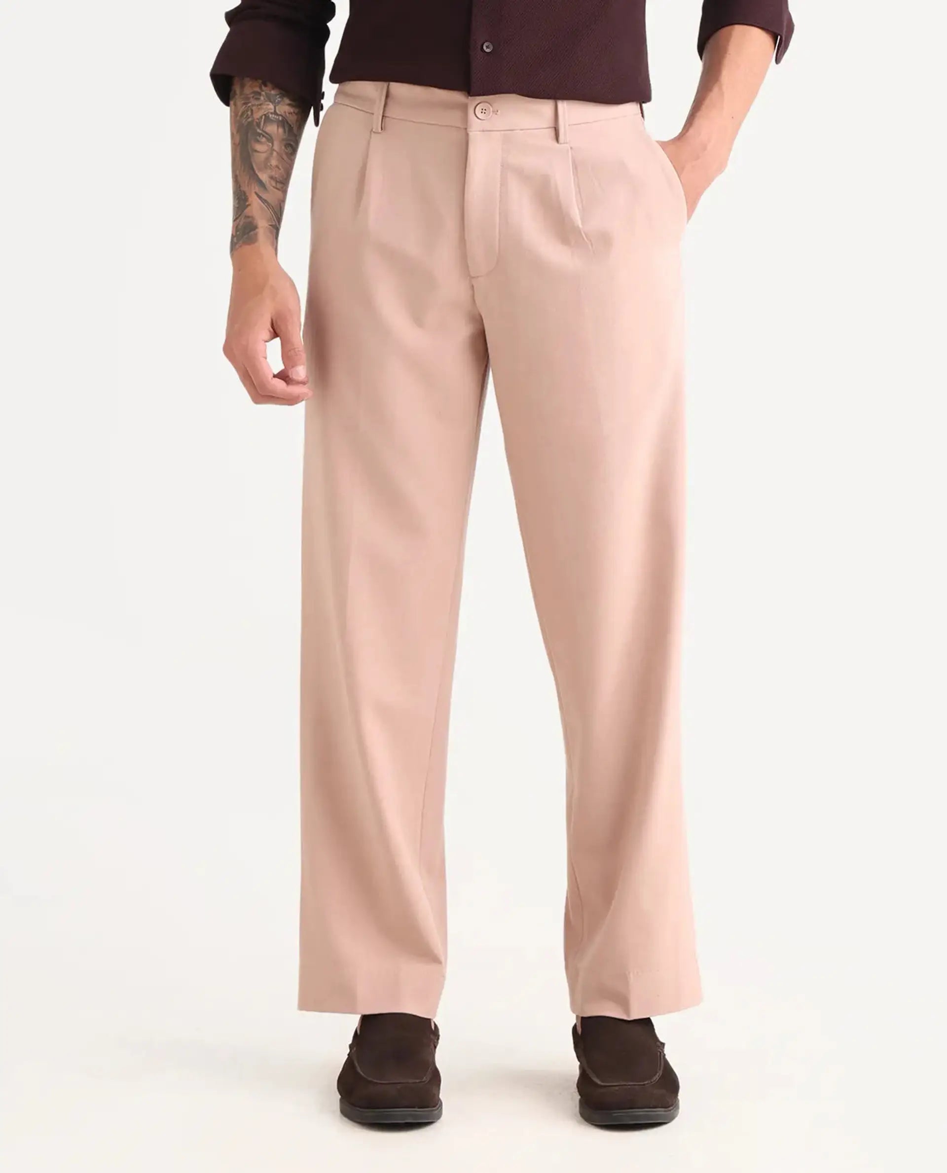 Rare Rabbit Men Pauls Tan Polyester Blend Fabric Button Closure Plain Trouser