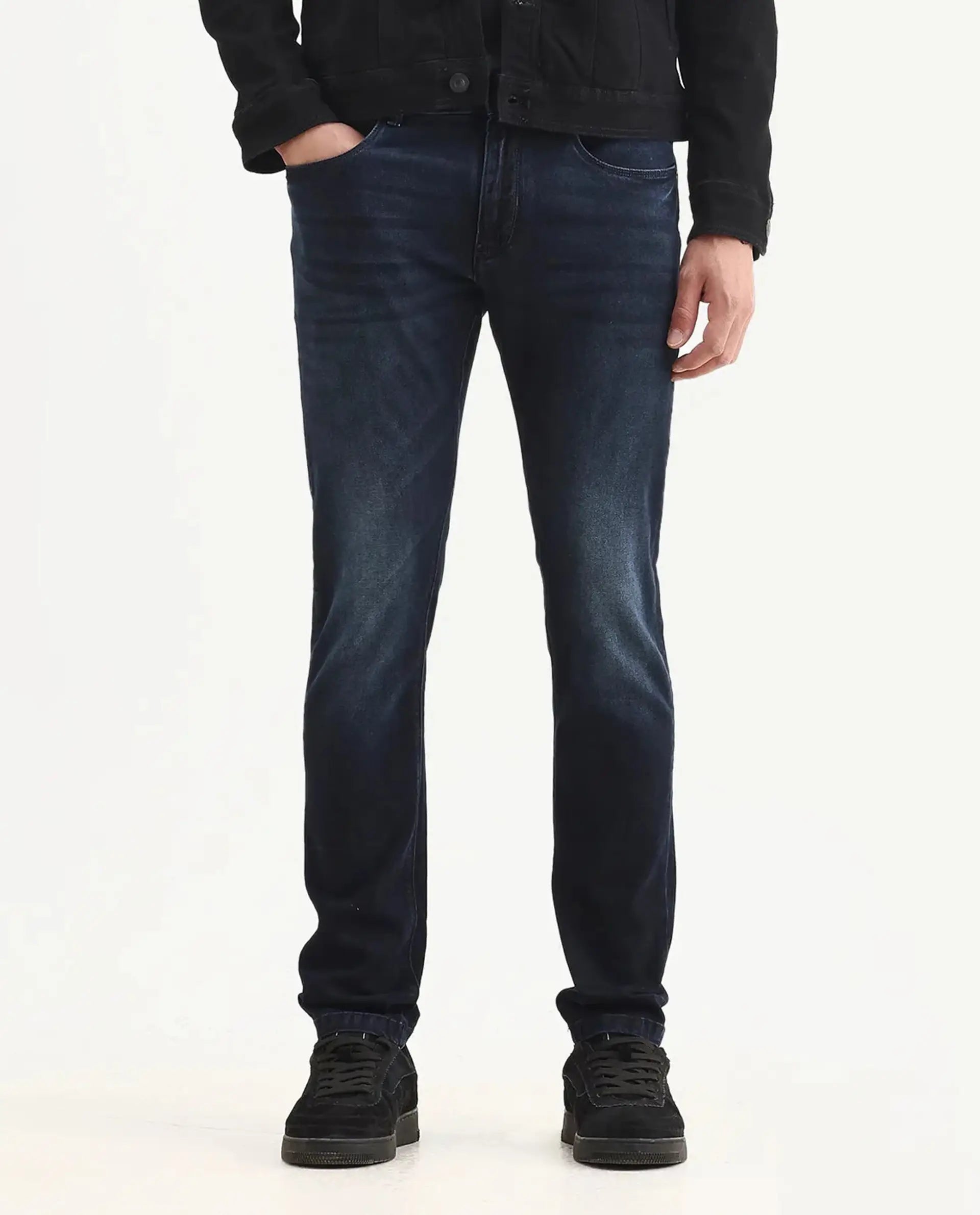 Rare Rabbit Men's Penelope Navy Cotton Plain Hawk Slim Fit Jeans