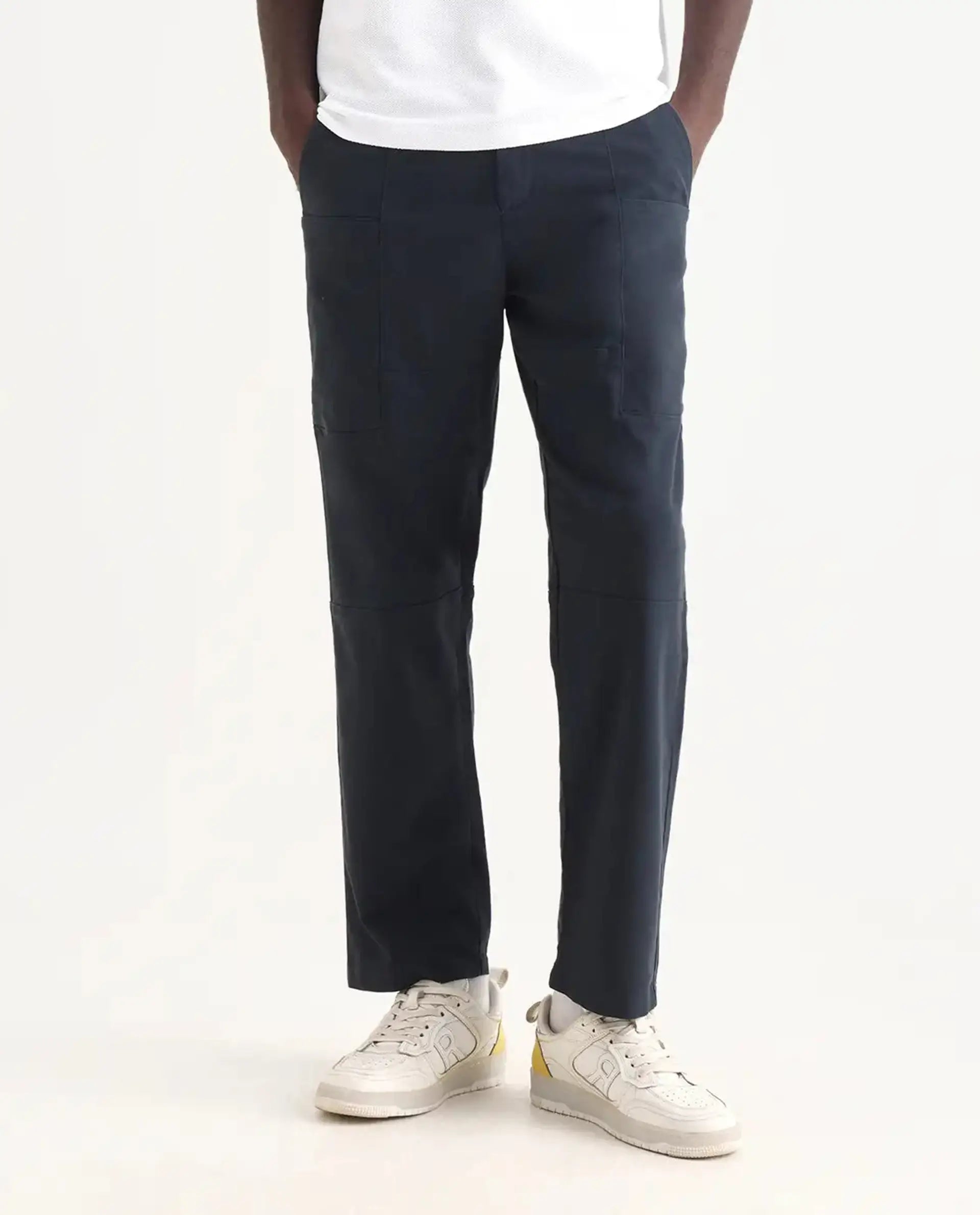 Rare Rabbit Men's Petro Navy Cotton Plain Straight Fit Trouser