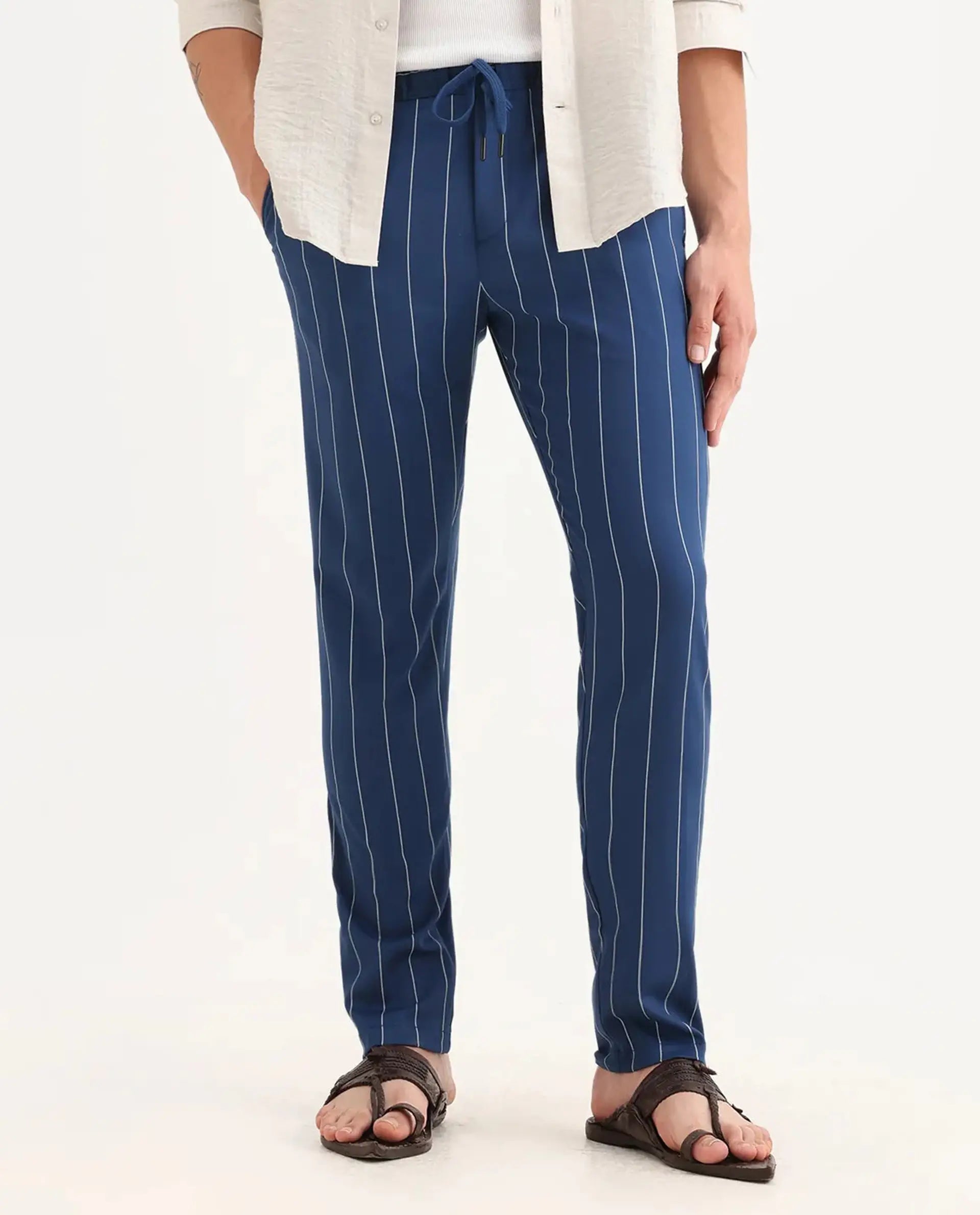 Rare Rabbit Men's Pixie Dark Blue Polyester Striped Print Regular Fit Trouser