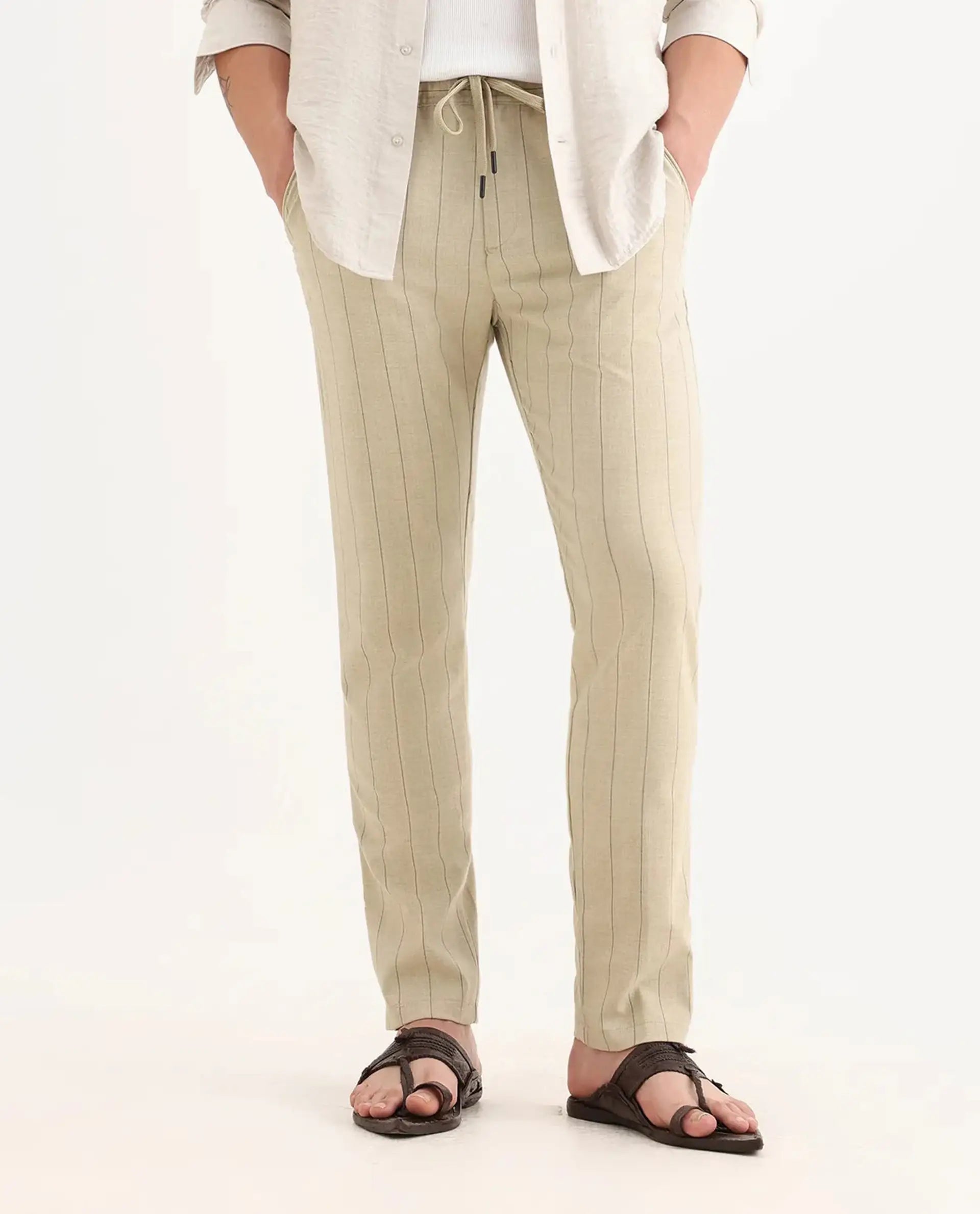 Rare Rabbit Men's Pixie Light Beige Polyester Striped Print Regular Fit Trouser