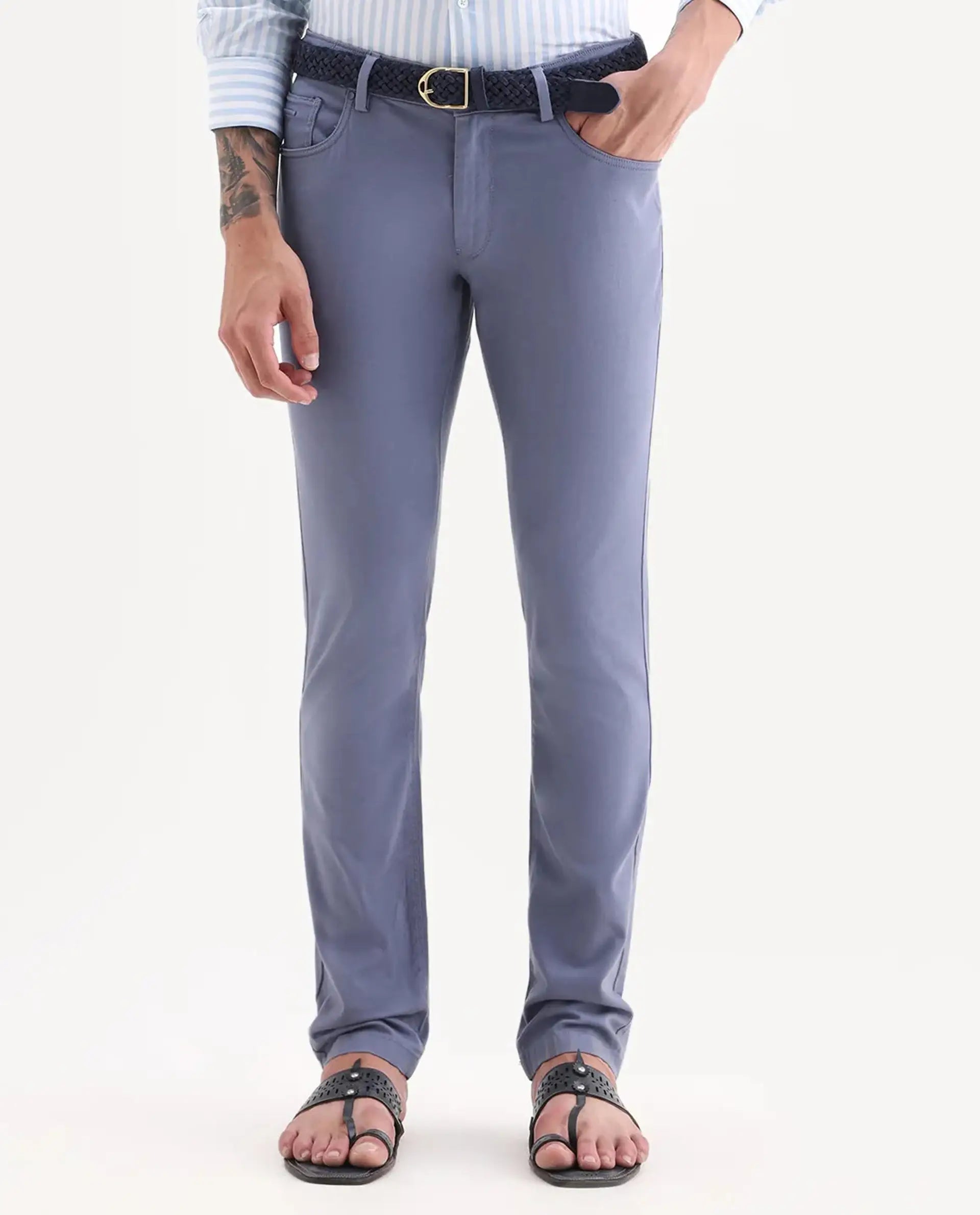 Rare Rabbit Men's Poke-2 Dusky Blue Cotton Plain Regular Fit Trouser