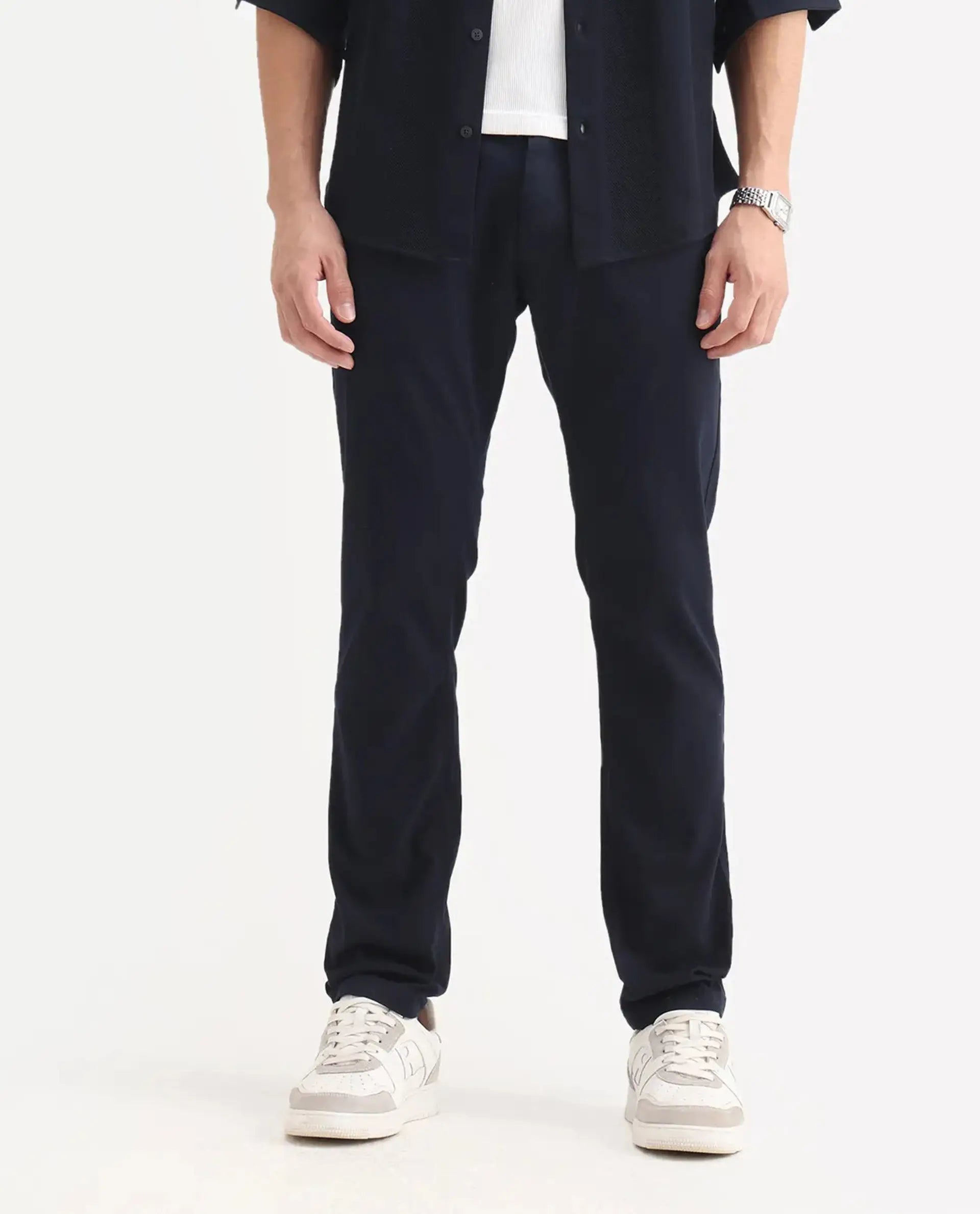 Rare Rabbit Men's Poke-2 Navy Cotton Plain Regular Fit Trouser