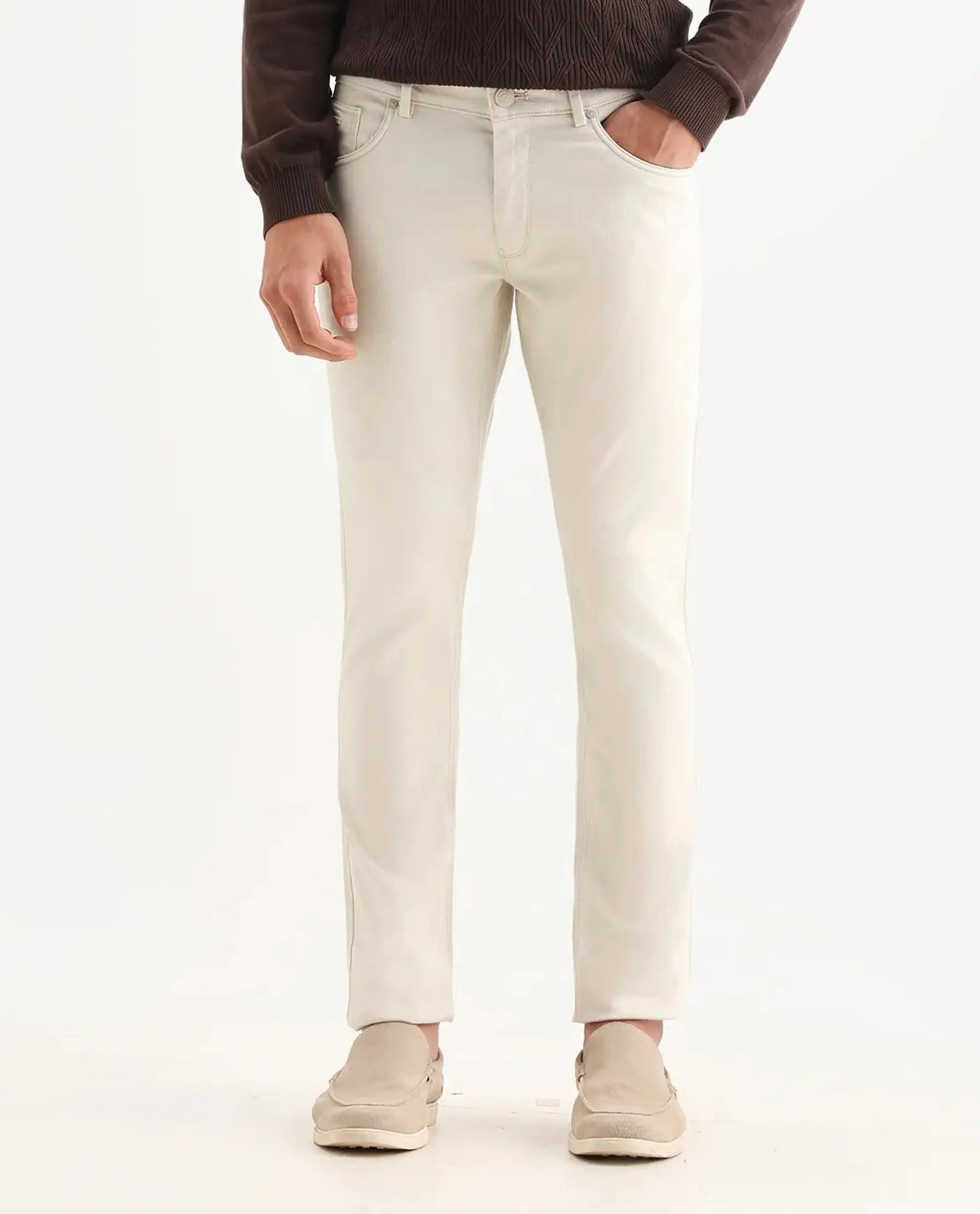 Rare Rabbit Men's Poke Beige Cotton Plain Regular Fit Trouser