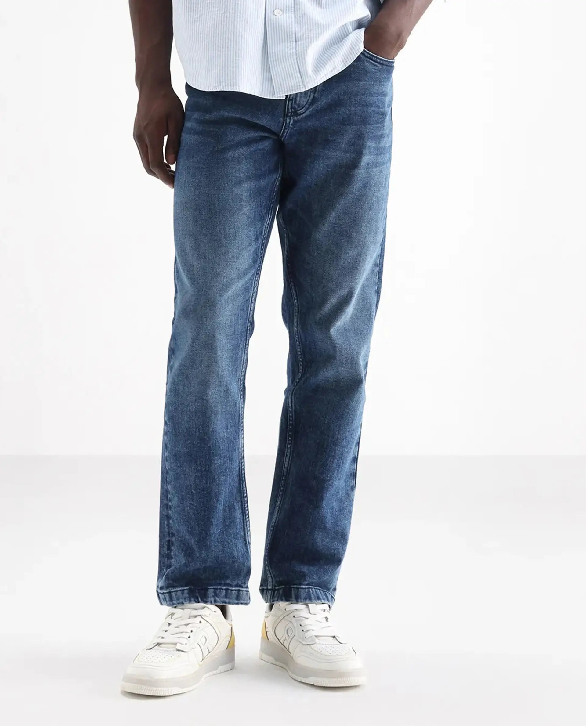 Rare Rabbit Men's Polin Dusky Blue Cotton Plain Morris Regular Fit Jeans