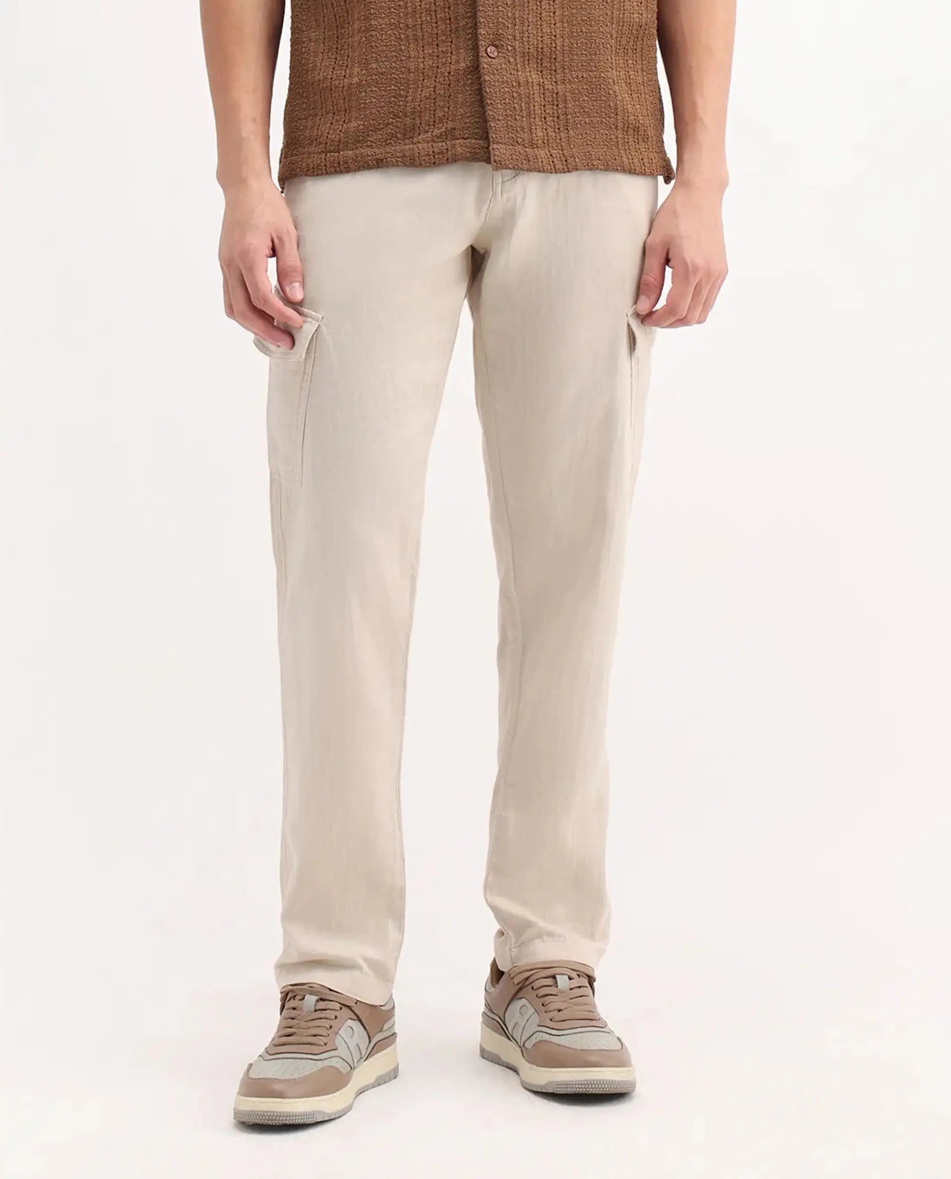Rare Rabbit Men's Presso-25 Beige Cotton Plain Relaxed Fit Trouser