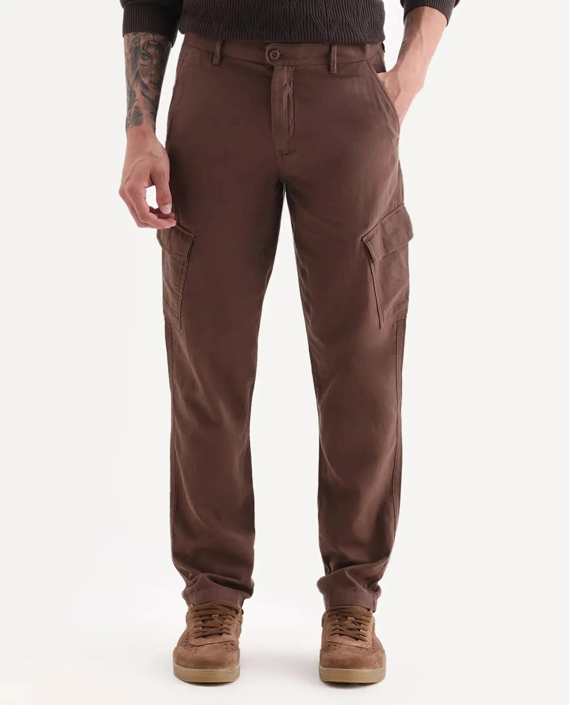 Rare Rabbit Men's Presso 25 Dusky Brown Cotton Plain Relaxed Fit Trouser