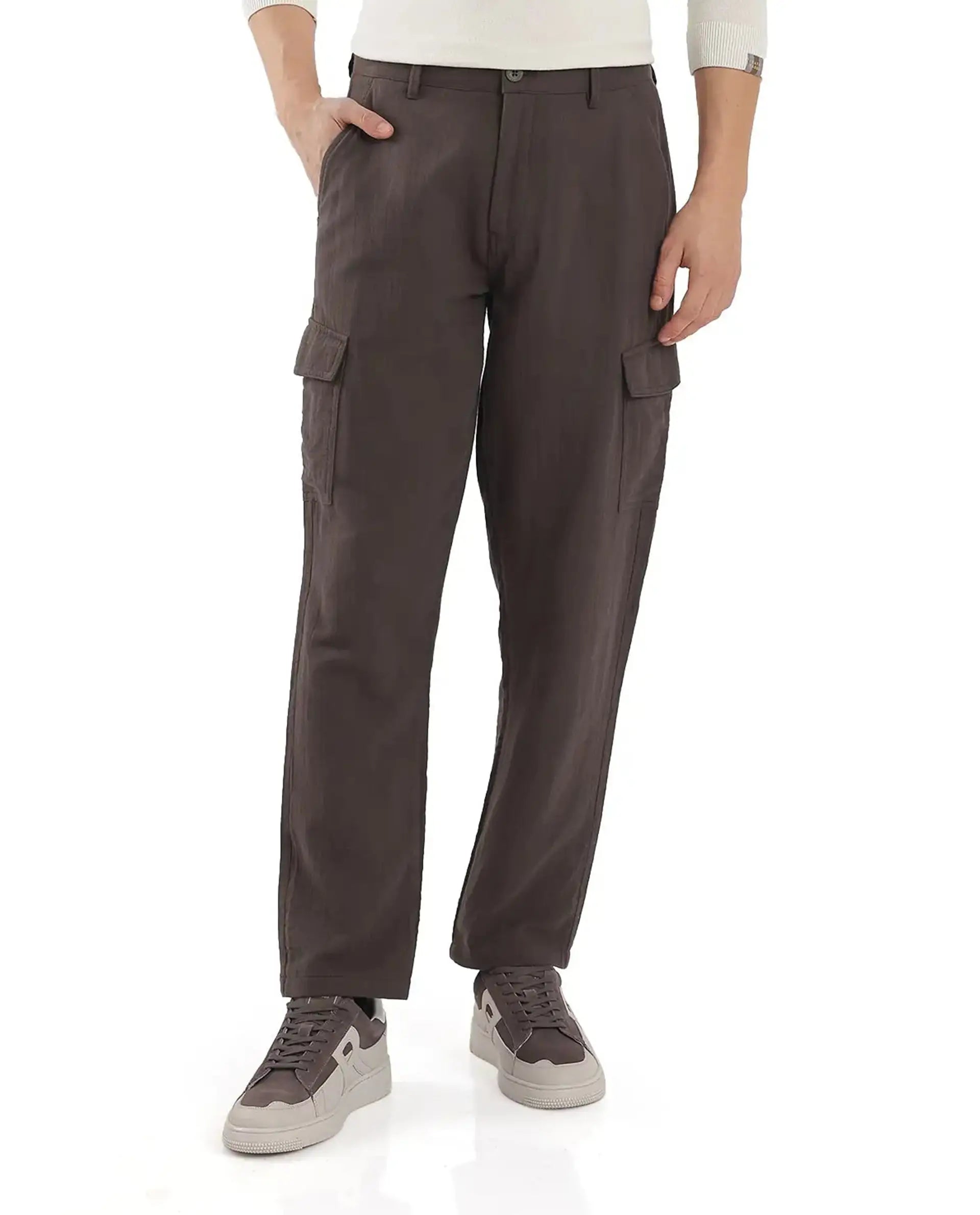 Rare Rabbit Men's Presso Dusky Brown Cotton Plain Relaxed Fit Trouser
