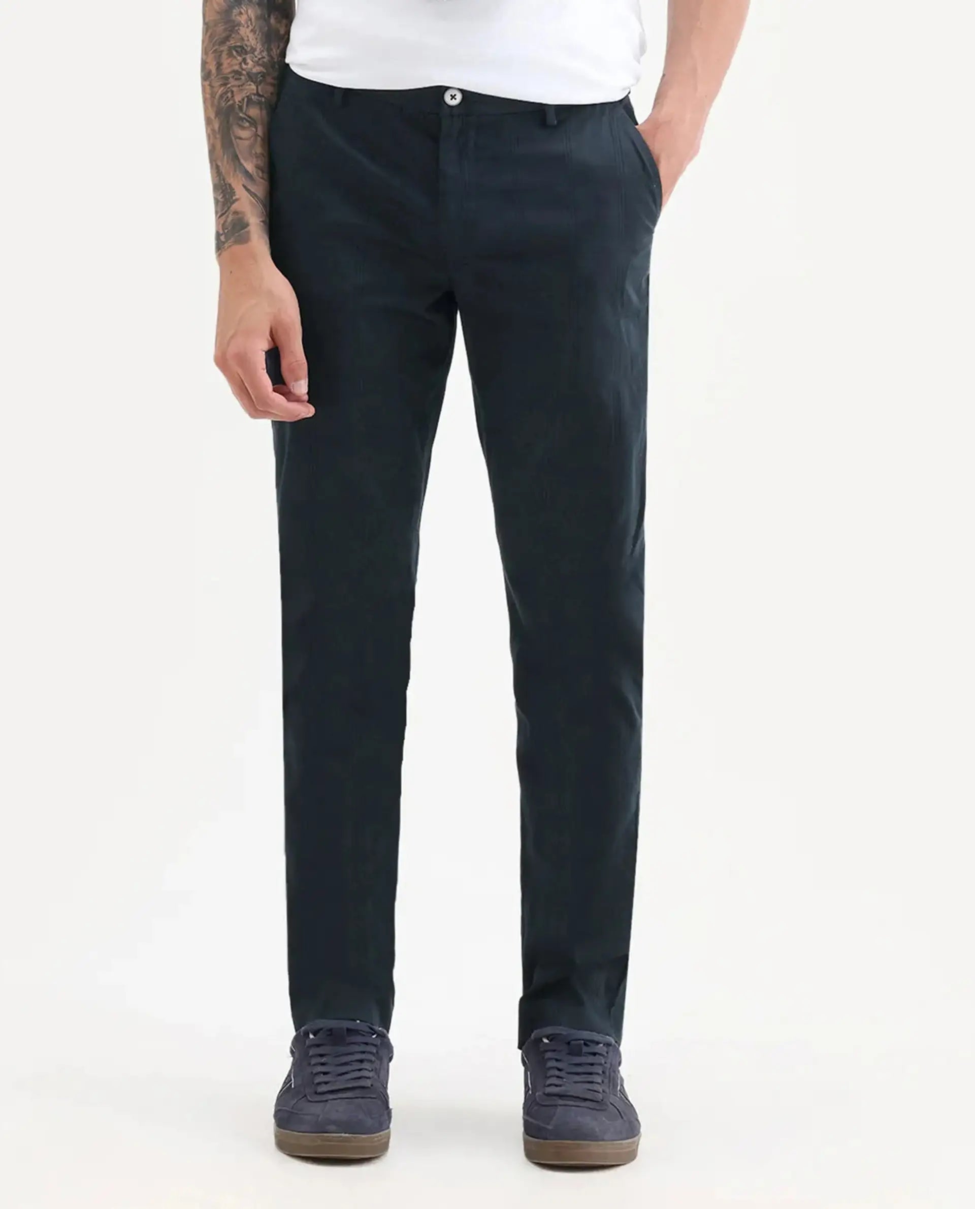 Rare Rabbit Men's Quince Dark Navy Cotton Checked Print Regular Fit Trouser