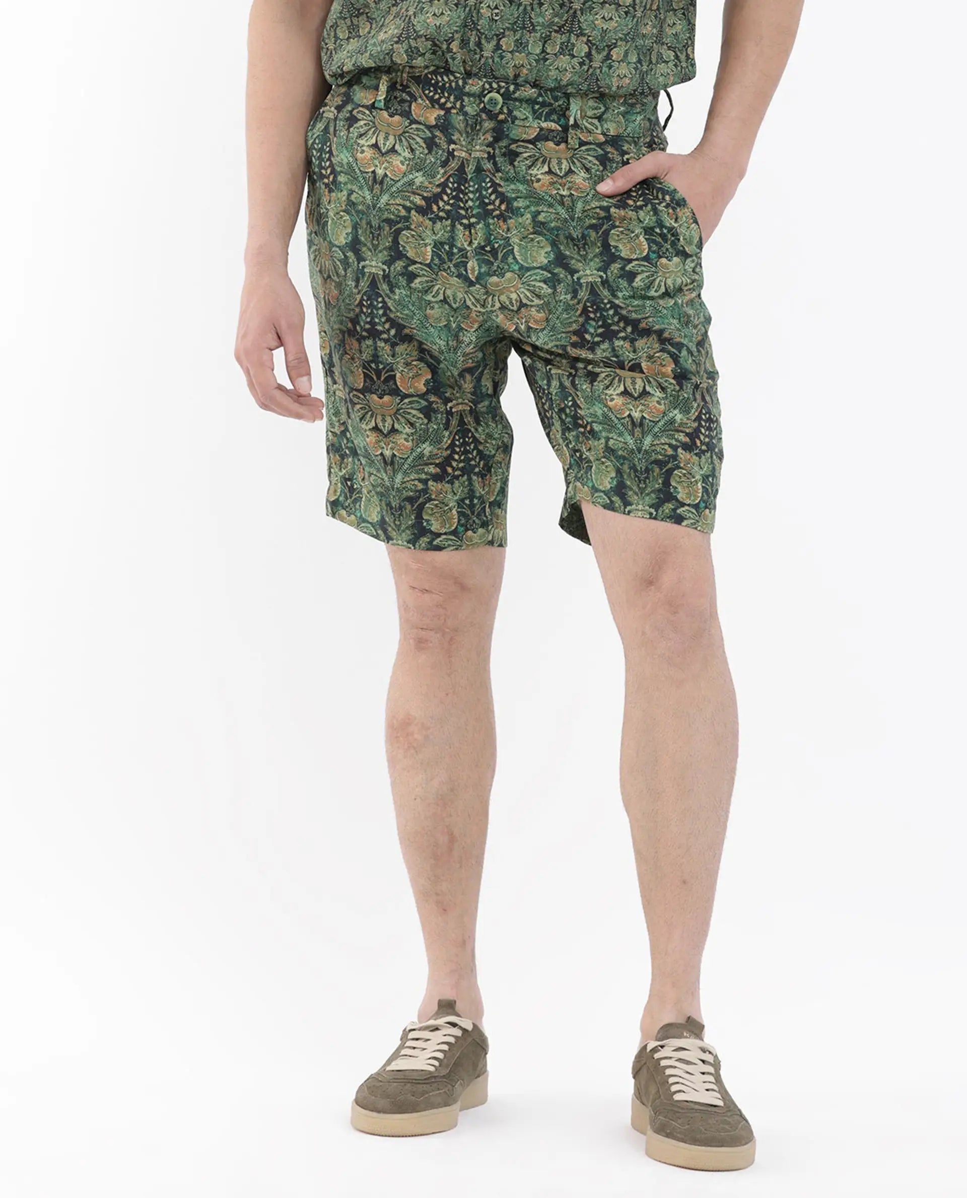Rare Rabbit Men's Rabeno Dark Green Viscose Tropical Print Relaxed Fit Shorts