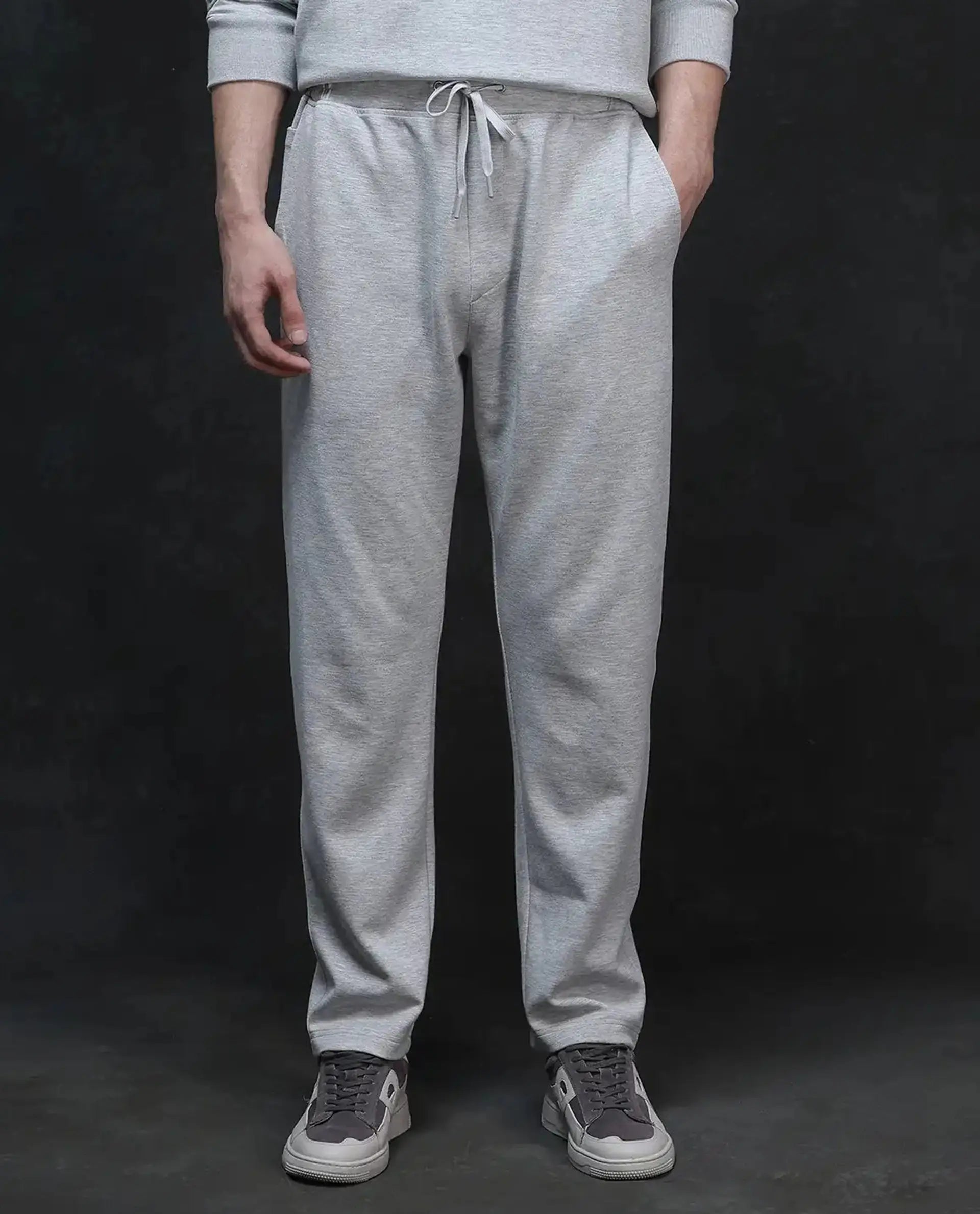 Rare Rabbit Men's Renk Melange Grey Modal Blend Plain Baggy Fit Track Pant