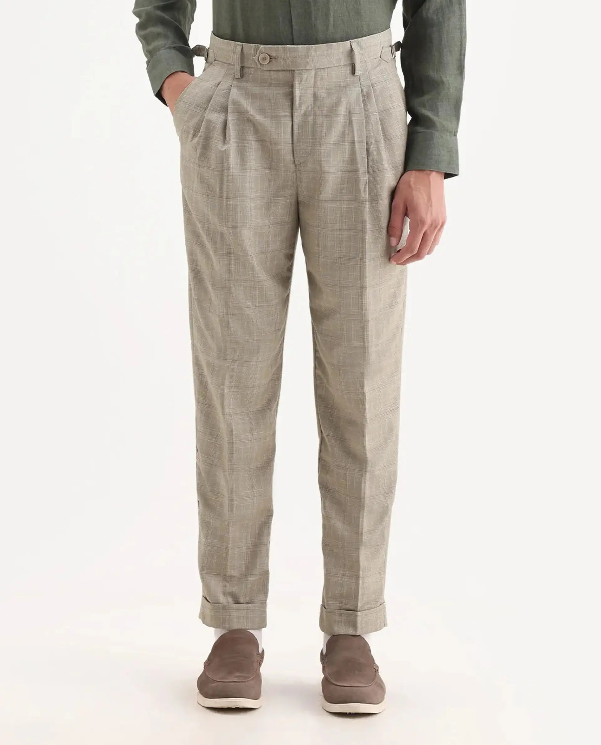 Rare Rabbit Men's Renot Beige Linen Blend Checked Print Regular Fit Trouser
