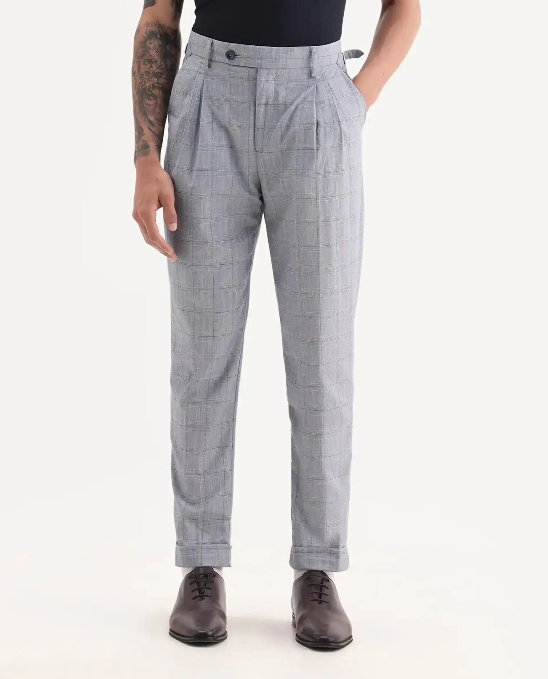 Rare Rabbit Men's Renot Blue Linen Blend Checked Print Regular Fit Trouser