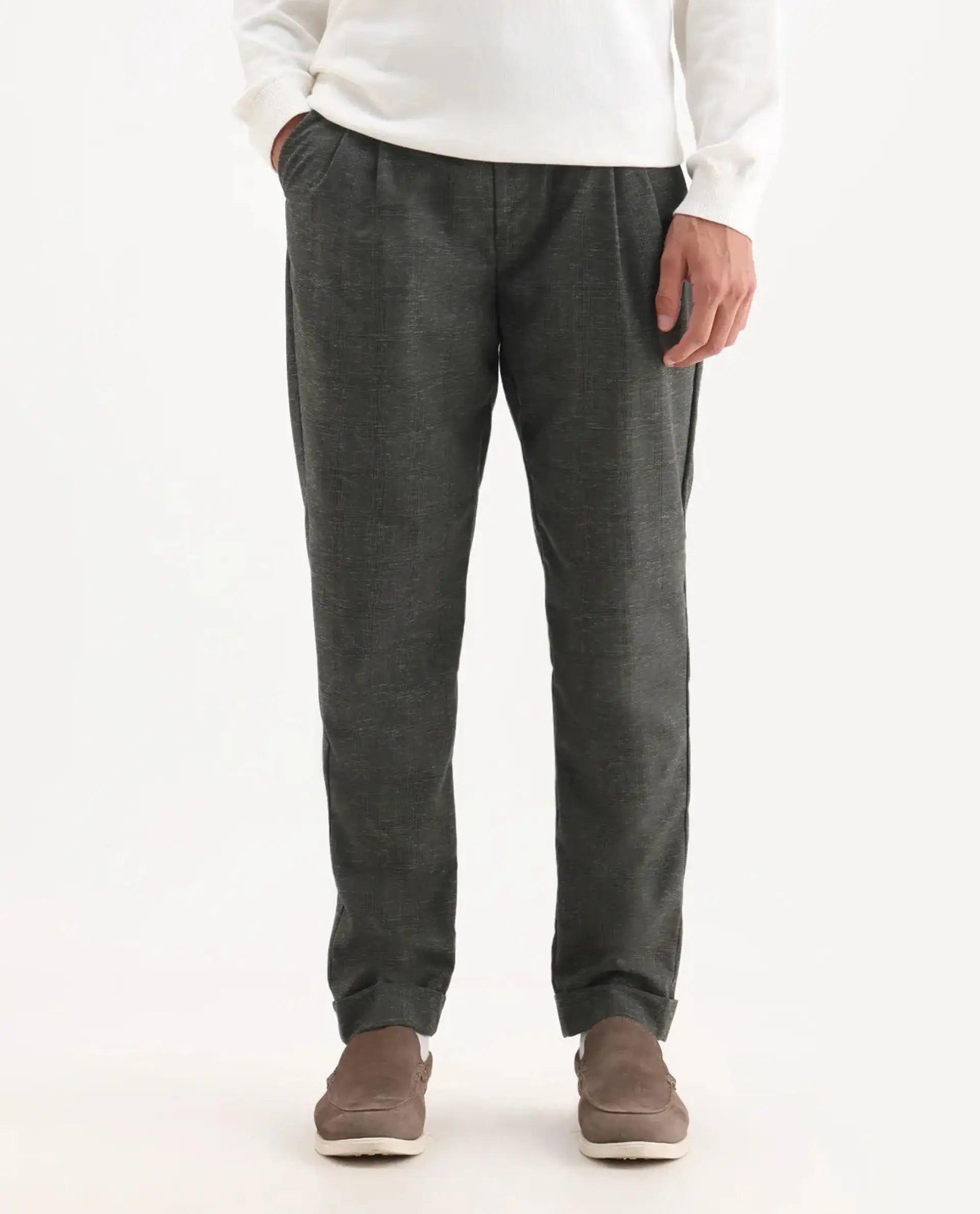 Rare Rabbit Men's Renot Dark Green Linen Blend Checked Print Regular Fit Trouser