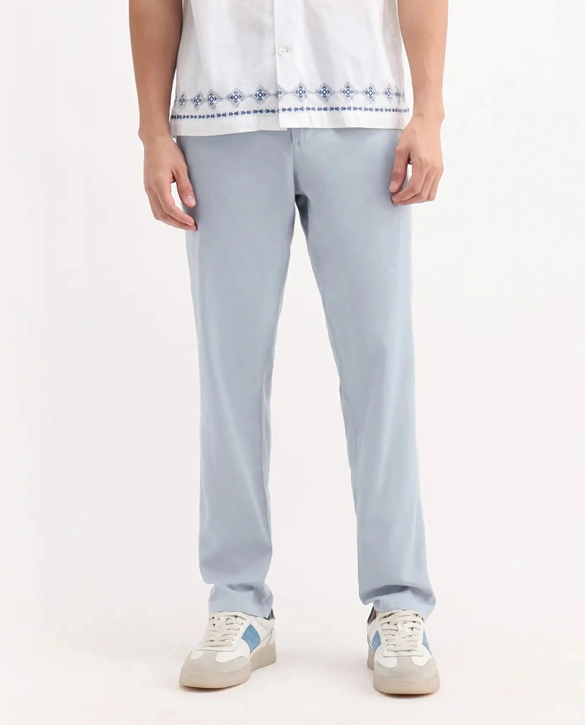 Rare Rabbit Men's Reric Pastel Blue Linen Blend Plain Regular Fit Trouser