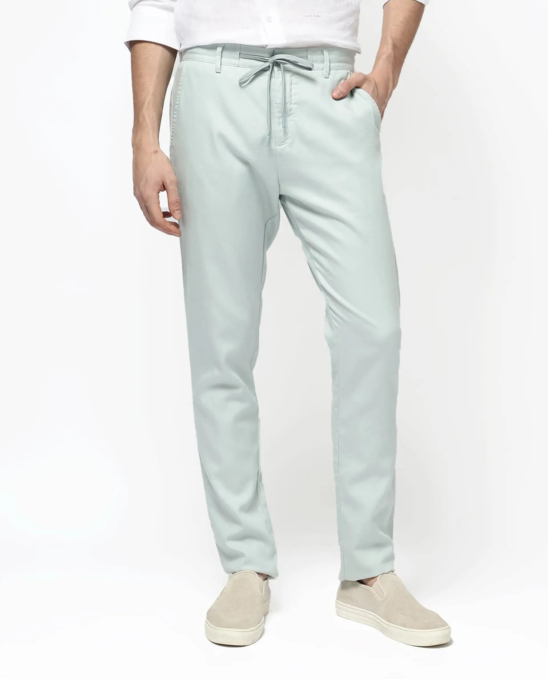 Rare Rabbit Men's Reric Pastel Turq Linen Blend Plain Regular Fit Trouser