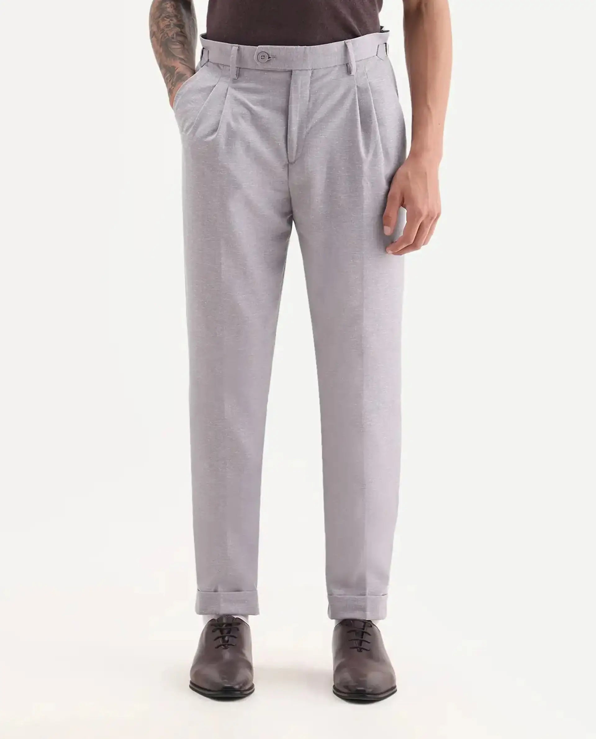 Rare Rabbit Men's Rhesa Dusky Purple Linen Blend Plain Relaxed Fit Trouser