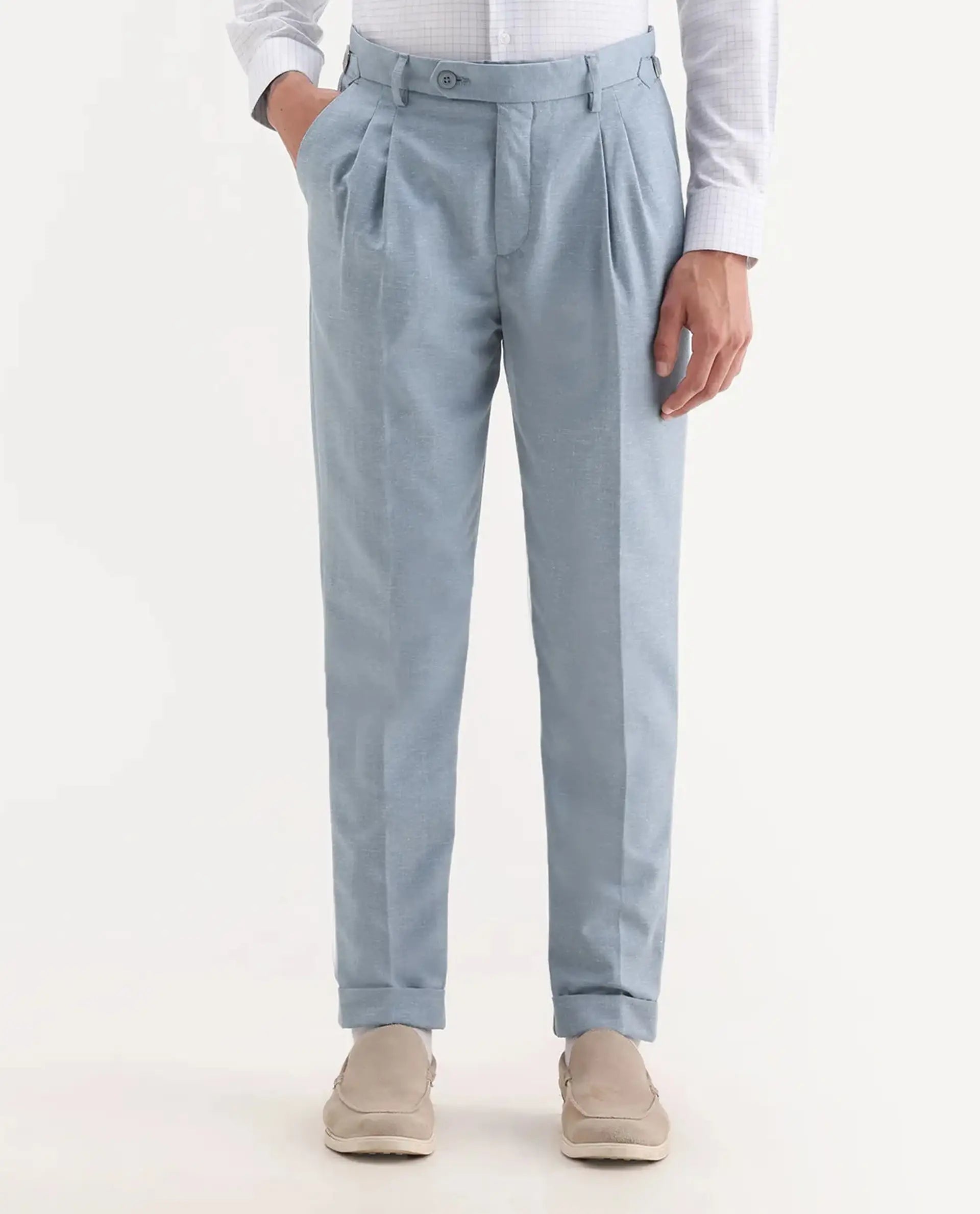 Rare Rabbit Men's Rhesa Light Blue Linen Blend Plain Relaxed Fit Trouser