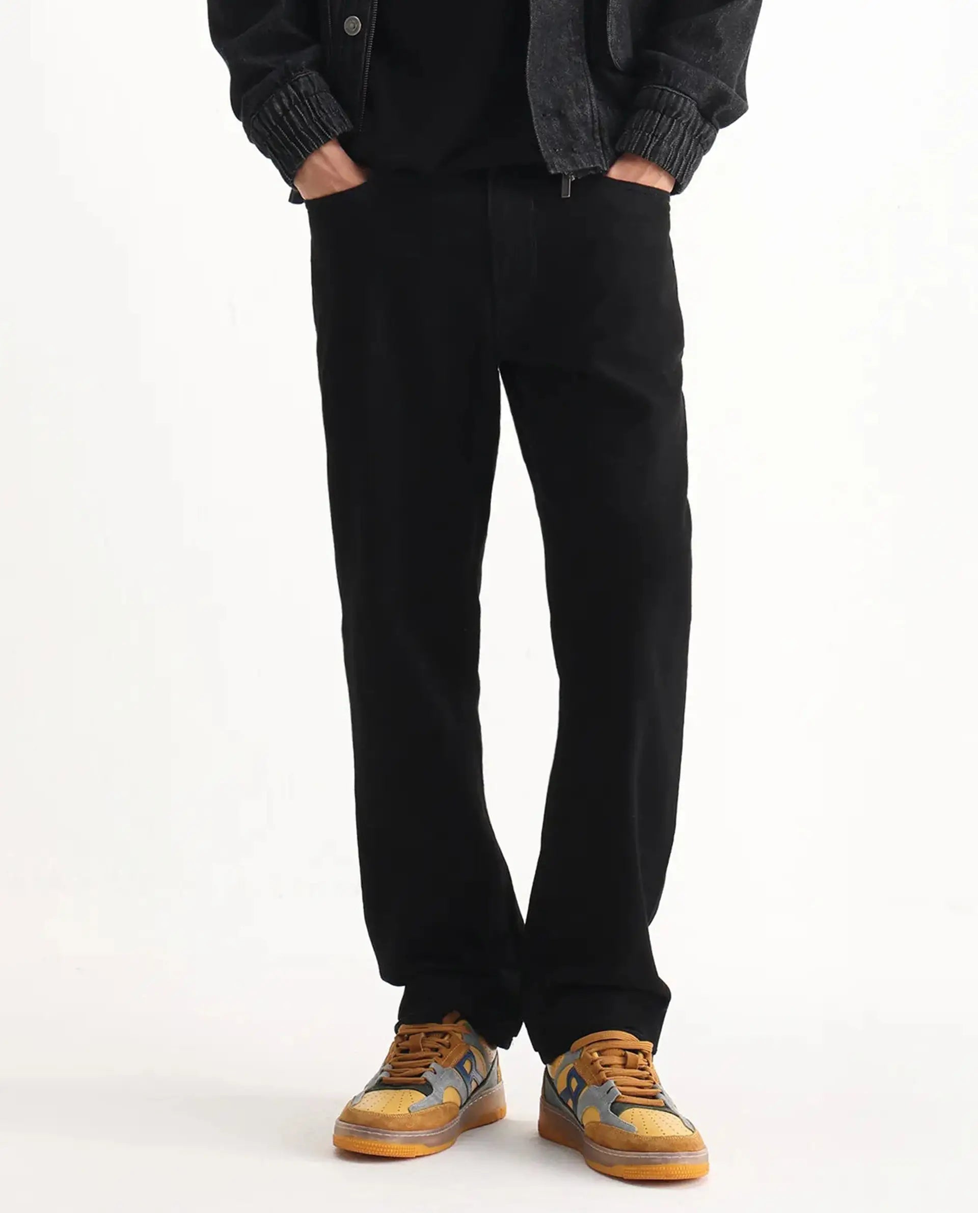 Rare Rabbit Men's Rosic Black Cotton Plain Morris Regular Fit Jeans