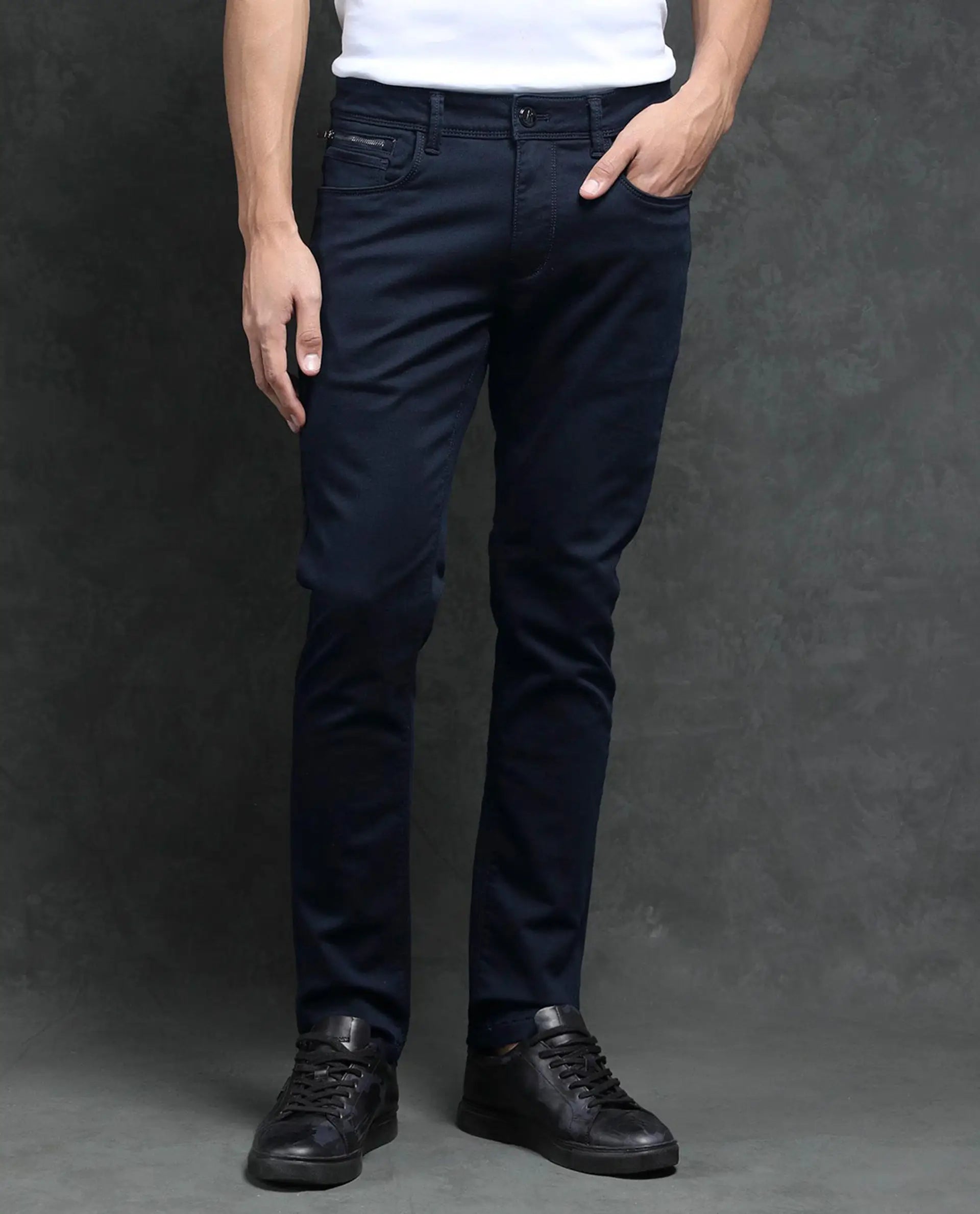 Rare Rabbit Men's Saton Navy Cotton Plain Hawk Slim Fit Jeans