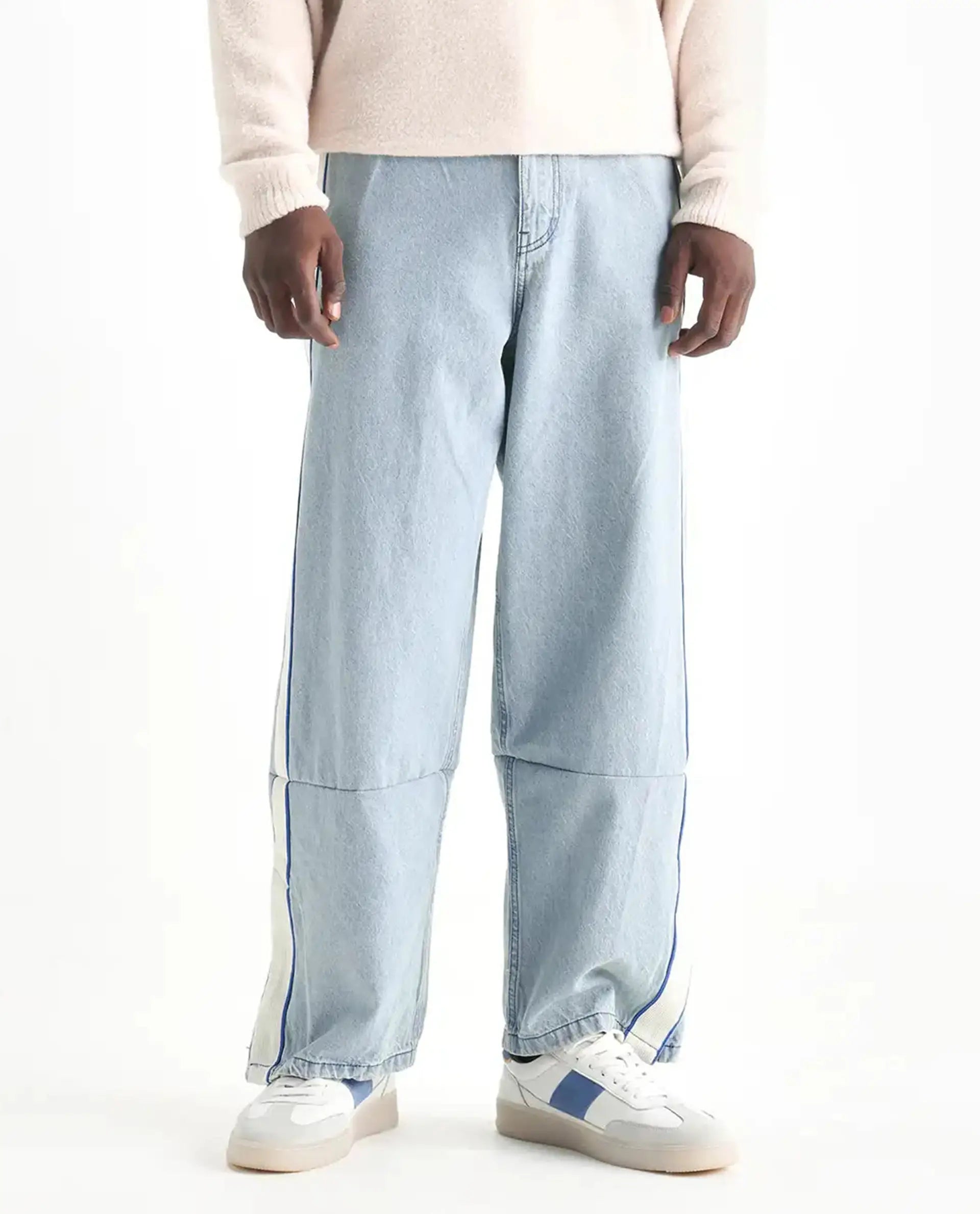 Rare Rabbit Men's Sol Light Blue Cotton Plain Baggy Fit Jeans