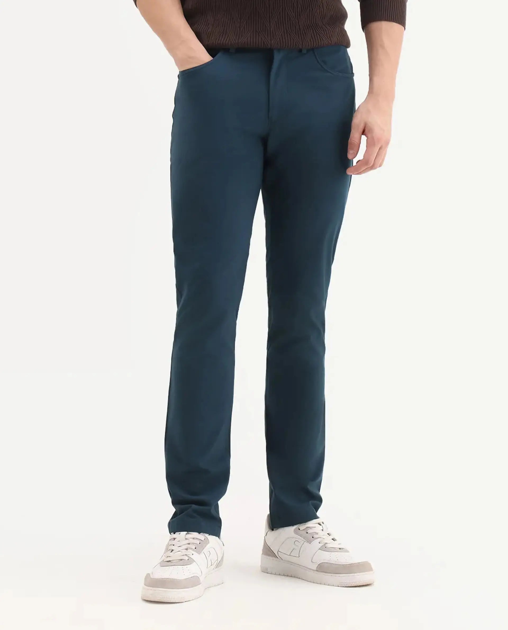 Rare Rabbit Men's Spark Dark Petrol Polyester Plain Regular Fit Trouser