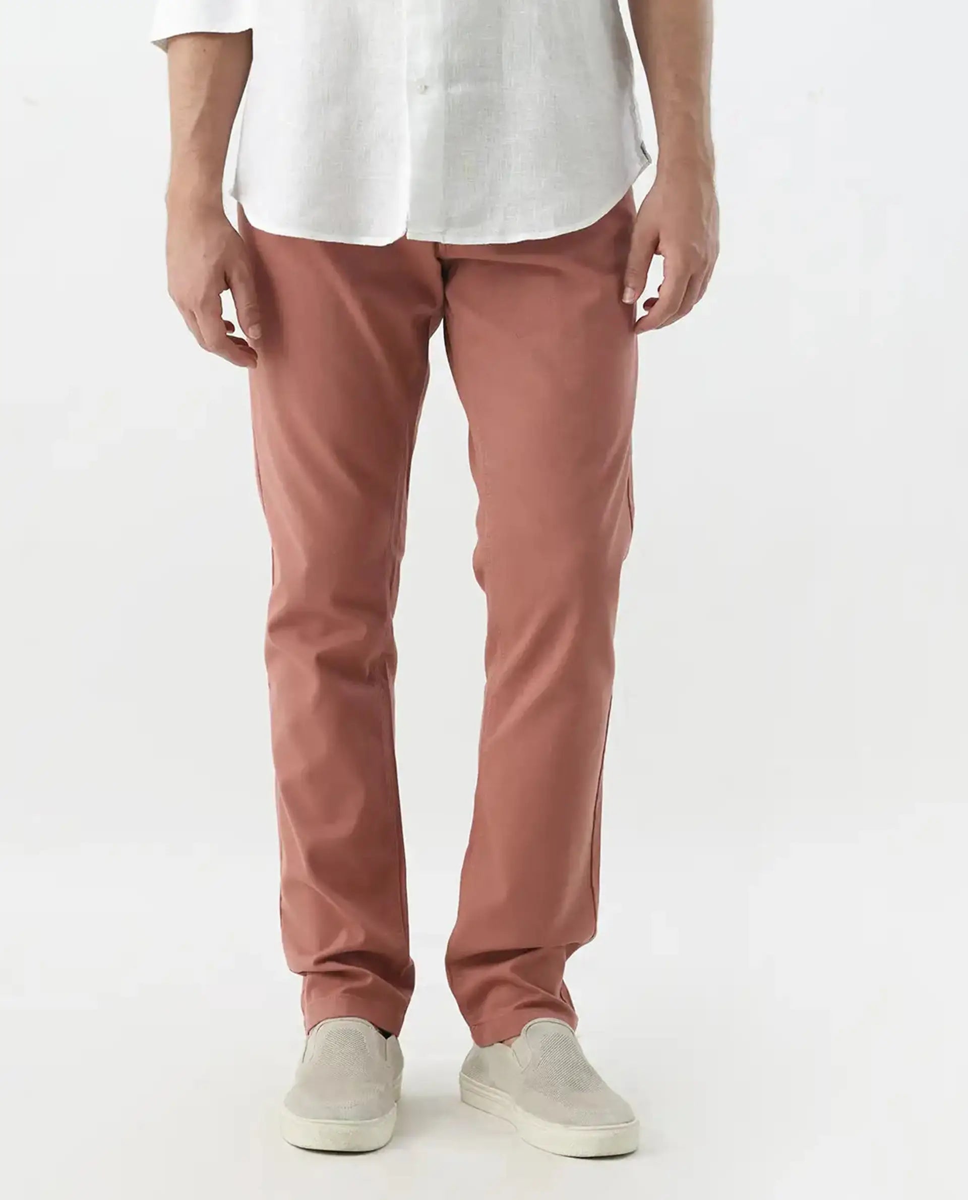 Rare Rabbit Men's Spoke 24 Rust Linen Blend Plain Regular Fit Trouser