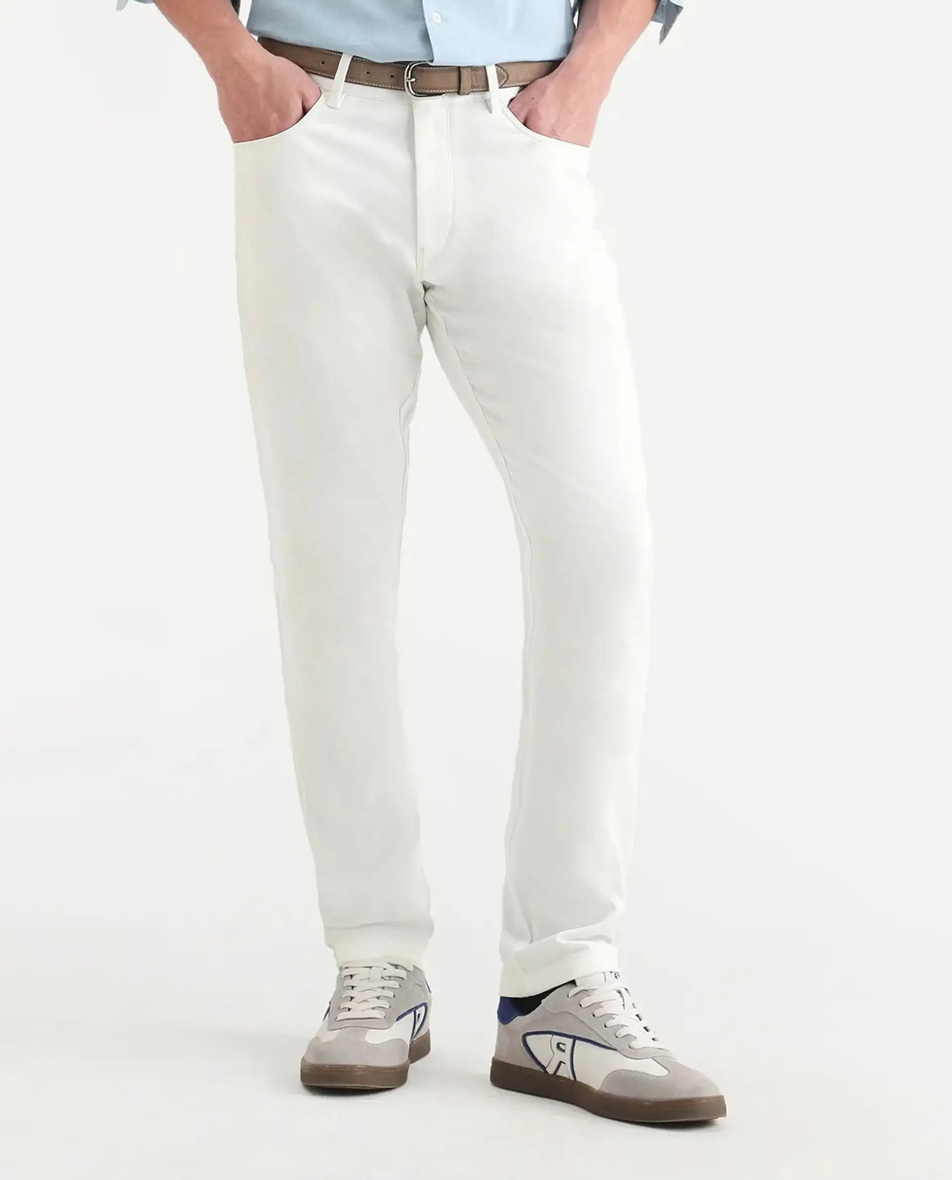 Rare Rabbit Men's Spoke-Ss26 White Cotton Blend Fabric Regular Fit Plain Trouser