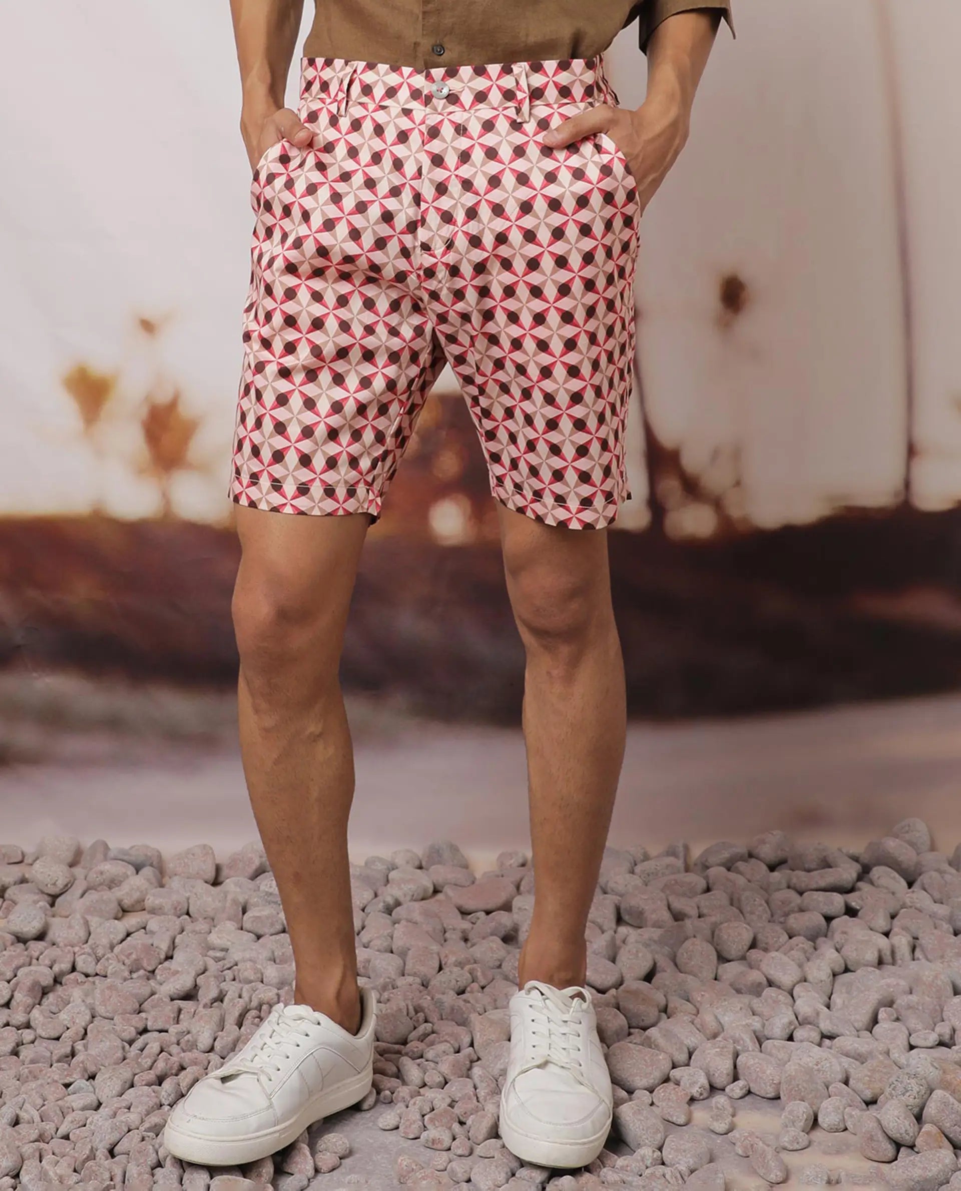Rare Rabbit Men's Stany Pink Cotton Geometric Print Regular Fit Shorts