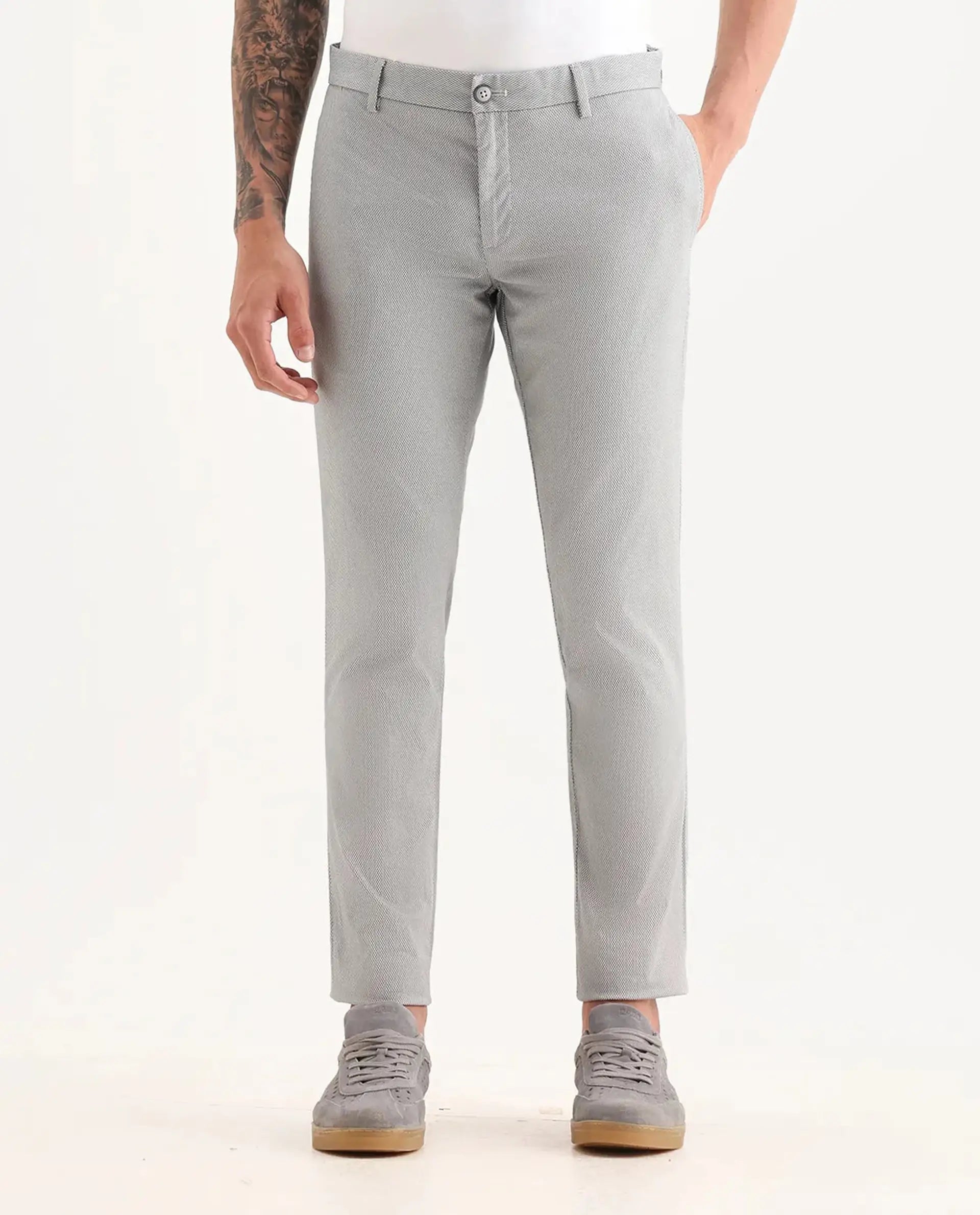 Rare Rabbit Men's Swamp Light Grey Cotton Textured Regular Fit Trouser