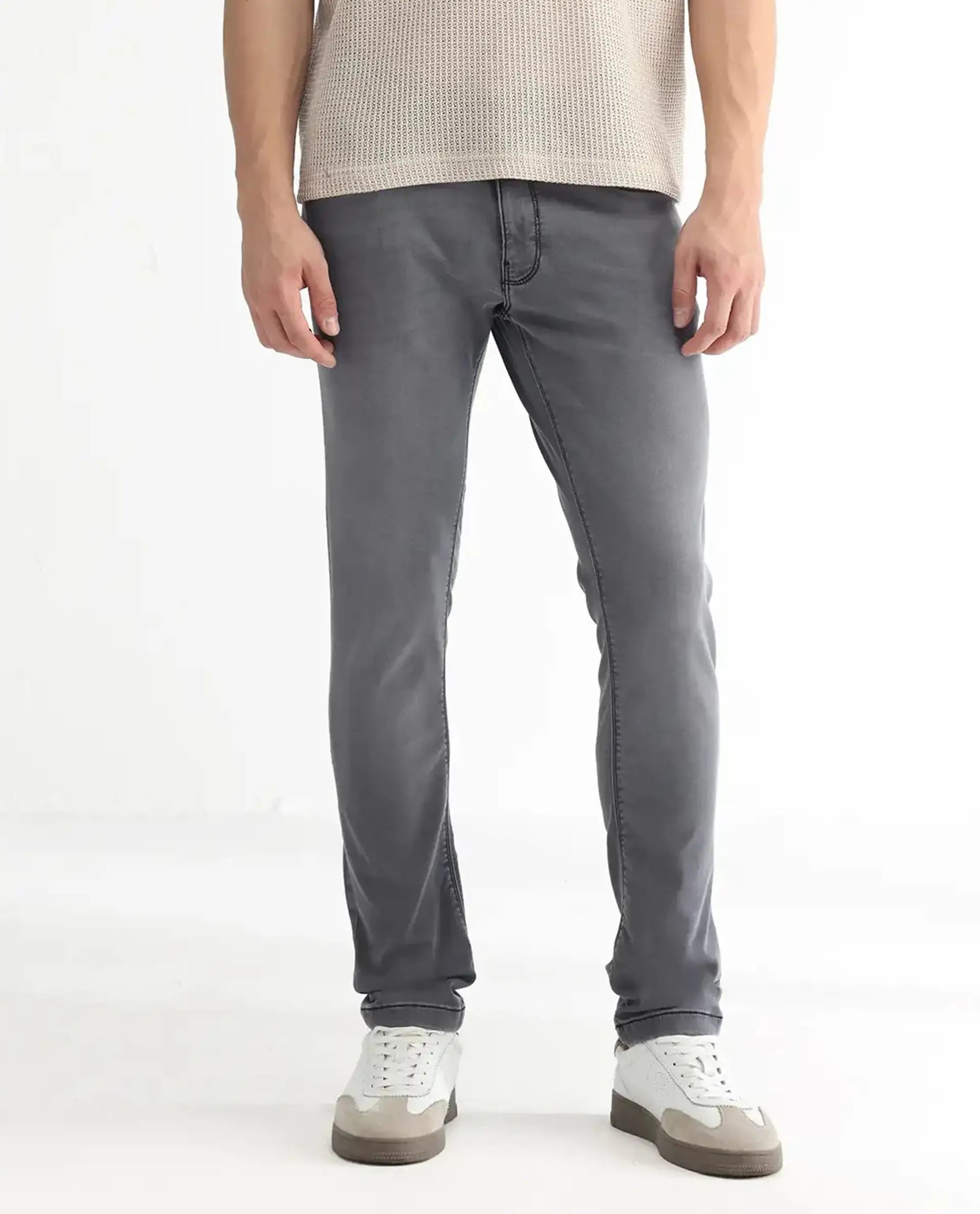 Rare Rabbit Men's Switz Dark Grey Cotton Plain Hawk Slim Fit Jeans