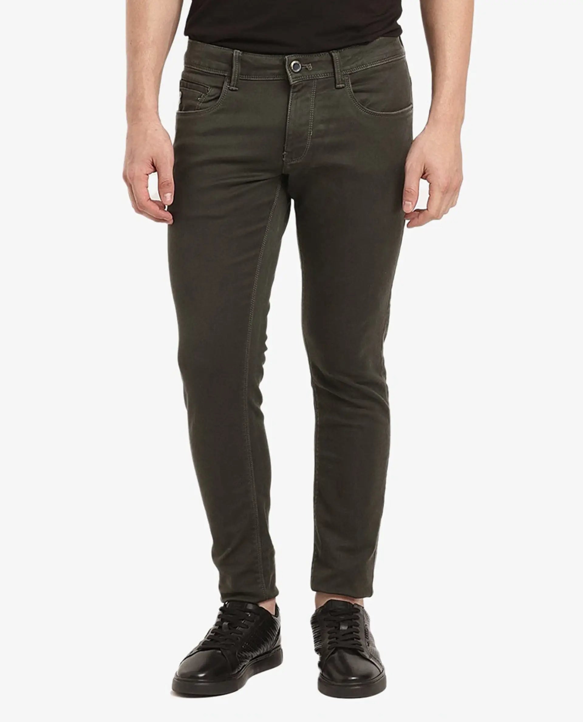 Rare Rabbit Men's Terra Olive Cotton Plain Hawk Slim Fit Jeans