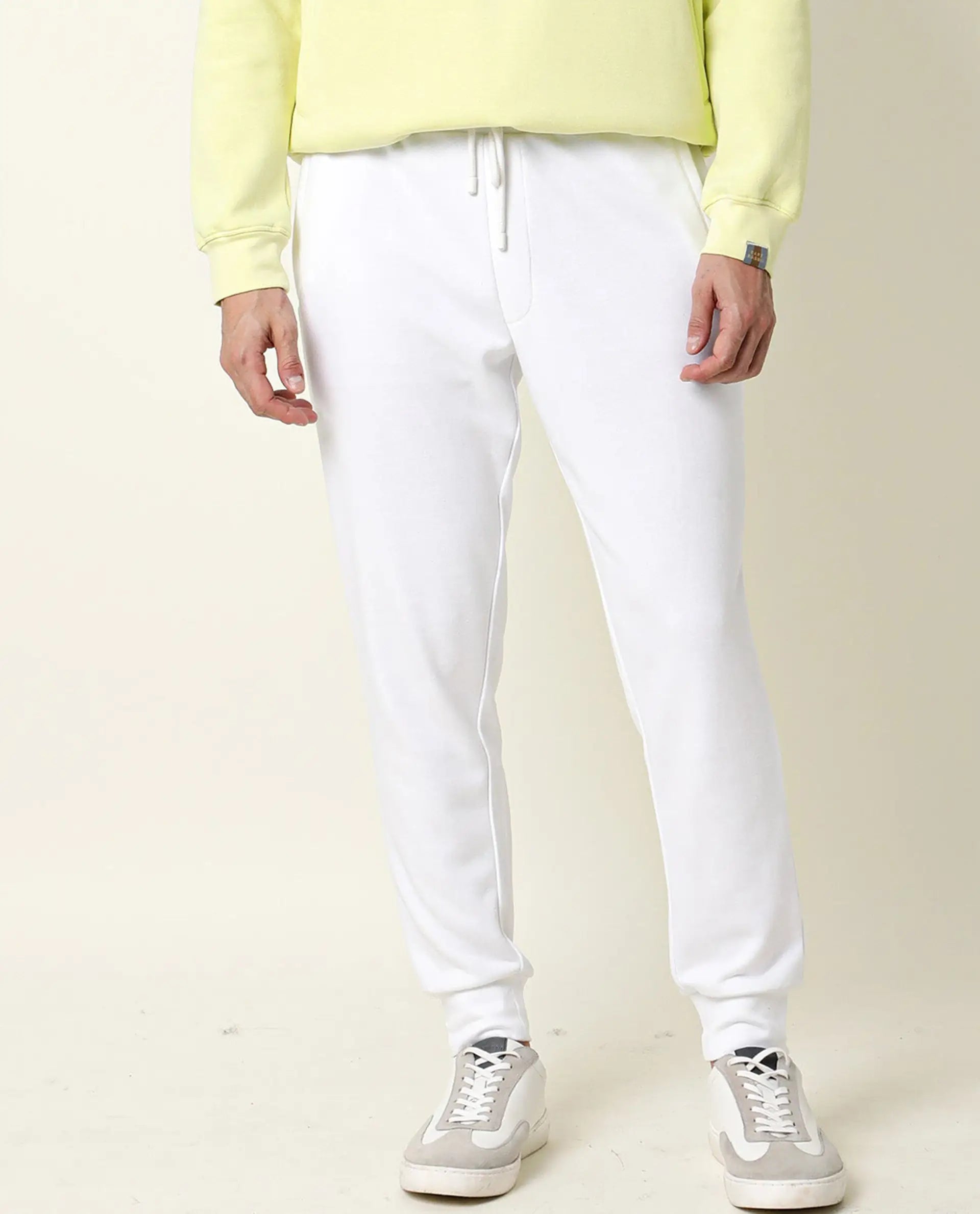 Rare Rabbit Men's Titan White Cotton Plain Regular Fit Joggers