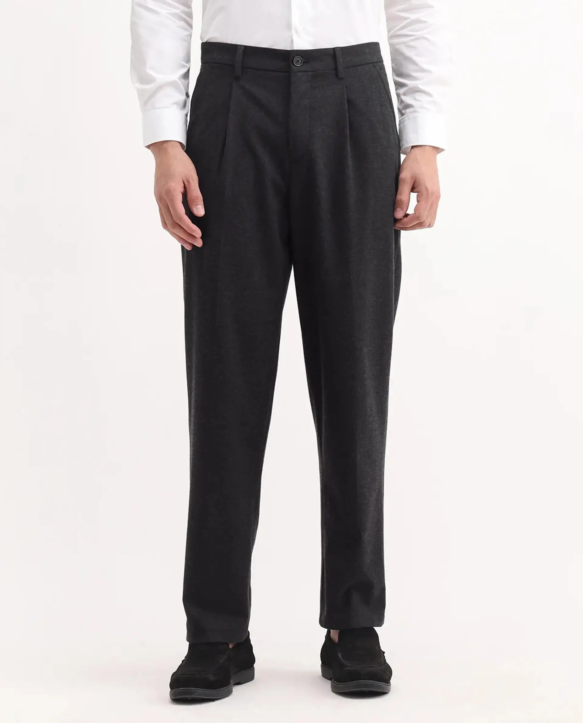 Rare Rabbit Men's Tori Black Polyester Blend Plain Relaxed Fit Trouser