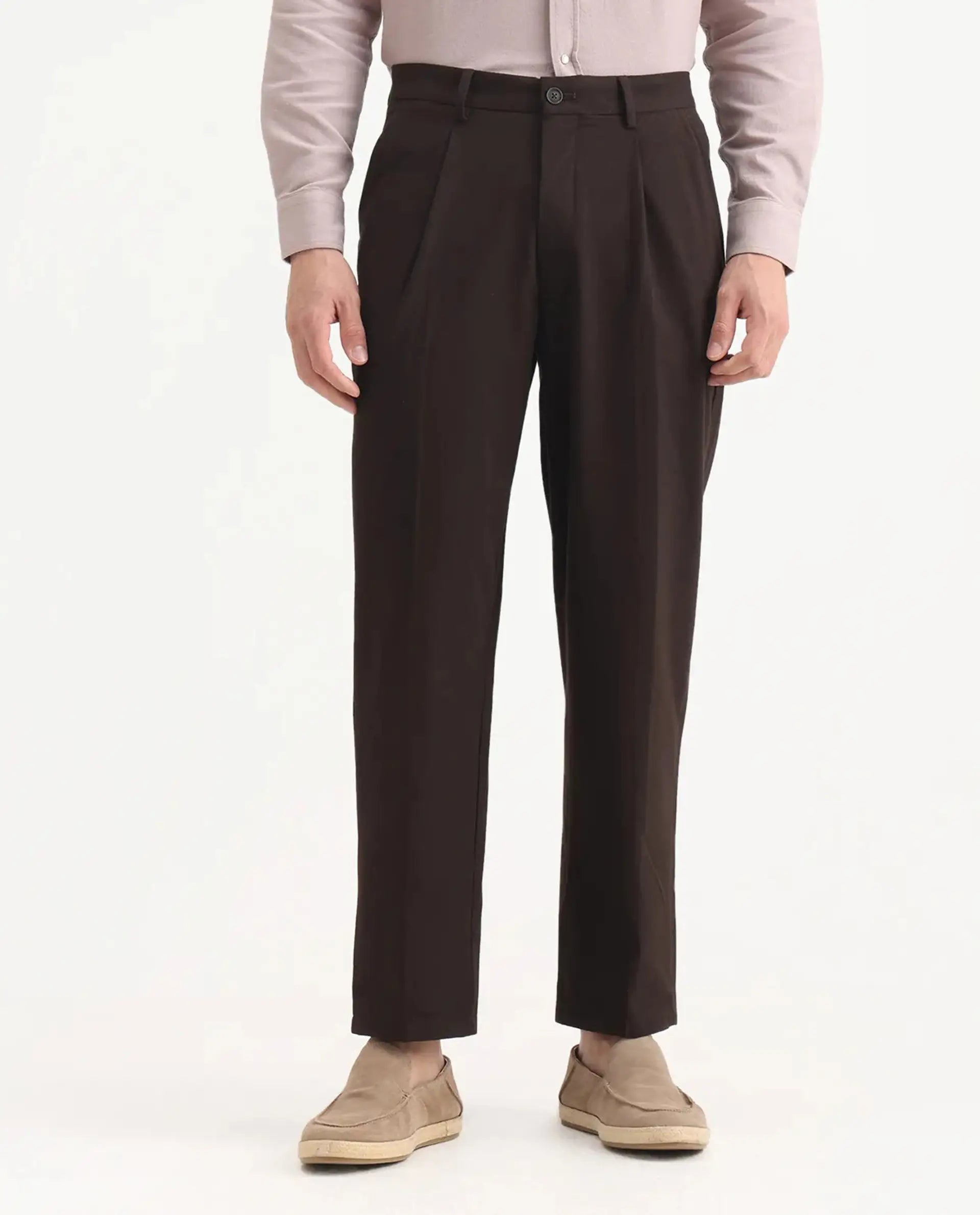 Rare Rabbit Men's Tori Dark Brown Polyester Blend Plain Relaxed Fit Trouser