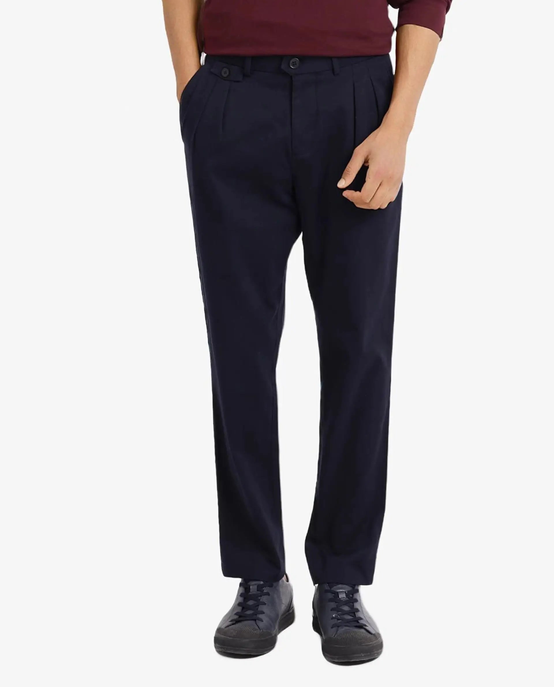 Rare Rabbit Men's Torro Dark Navy Cotton Blend Plain Regular Fit Trouser